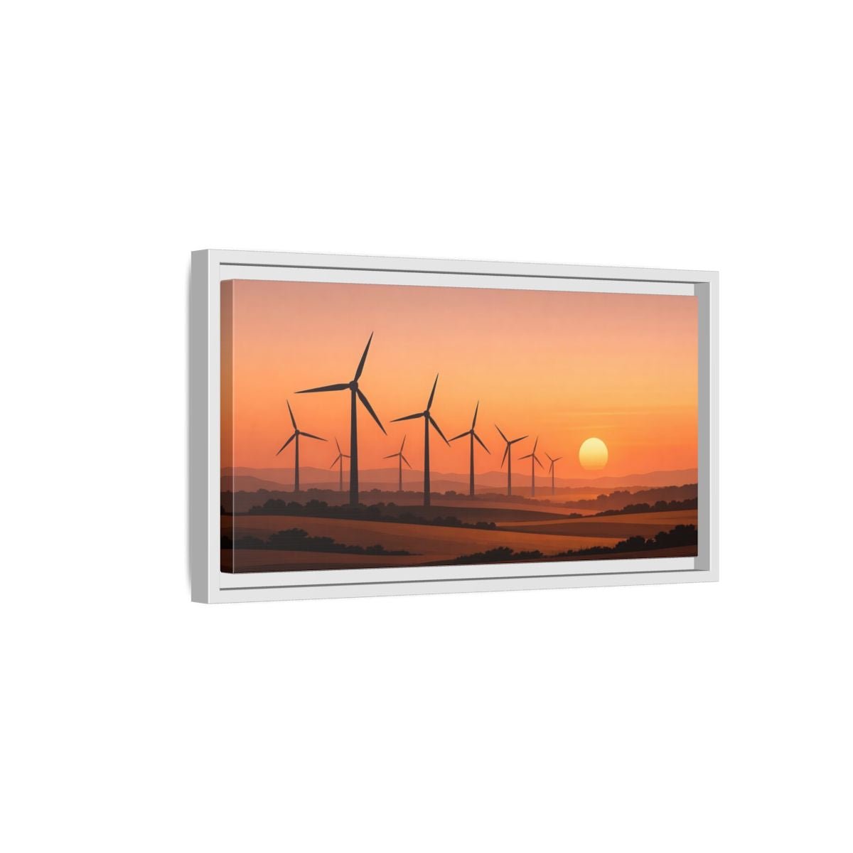 Landscape Nature Wind Farm Orange Sunset - Framed Canvas Wall Art Print - YesArtYes