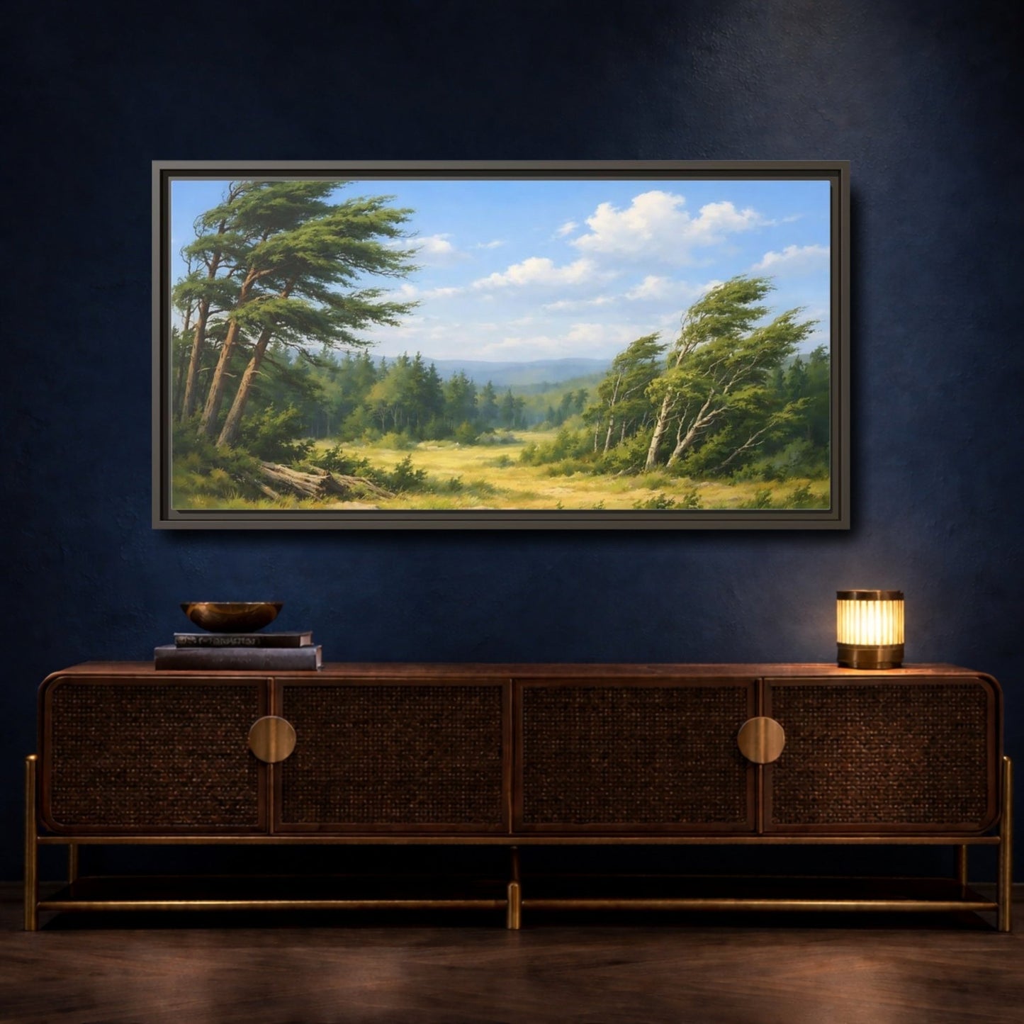 Landscape Nature Wind - Swept Trees Green And - Framed Canvas Wall Art Print - YesArtYes