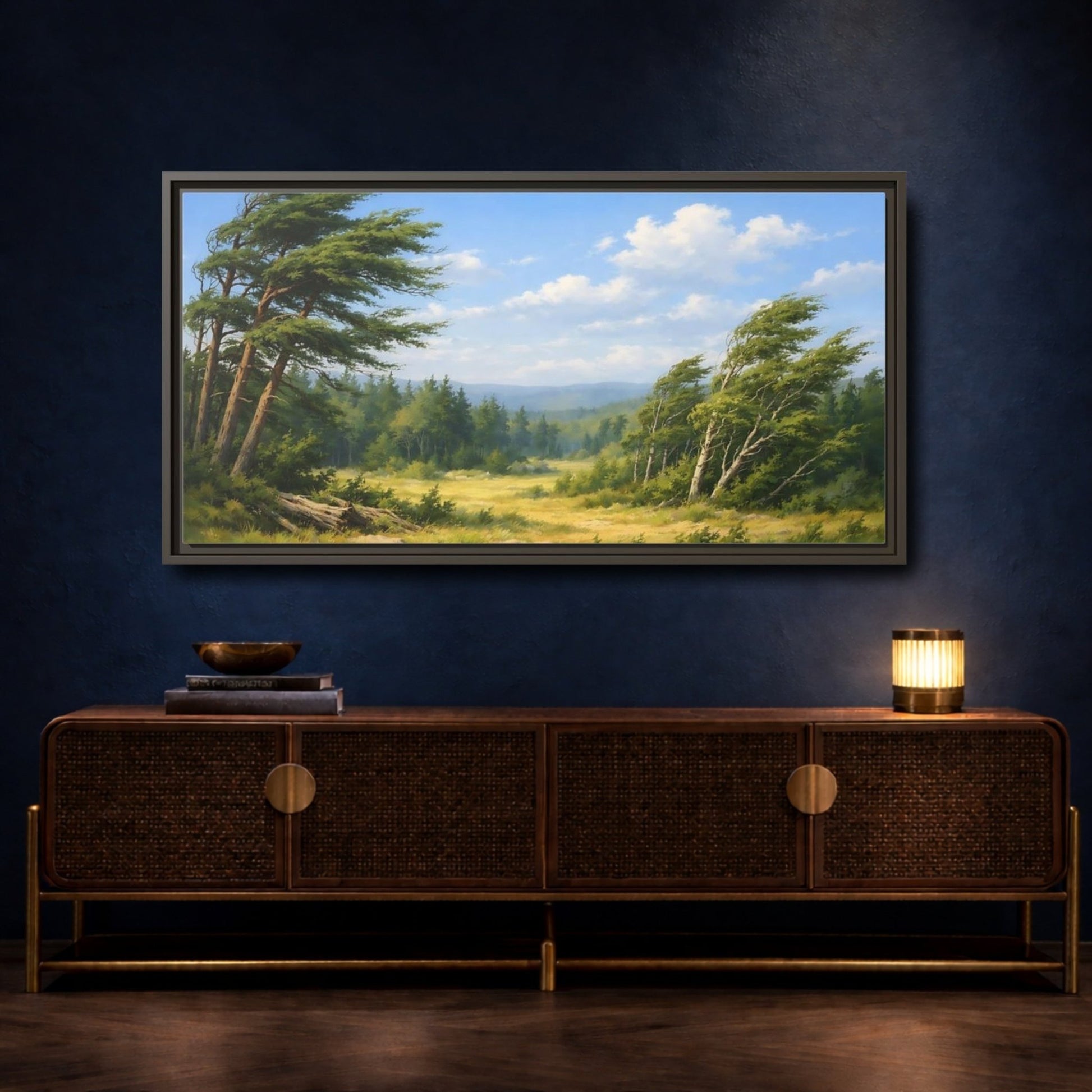 Landscape Nature Wind - Swept Trees Green And - Framed Canvas Wall Art Print - YesArtYes