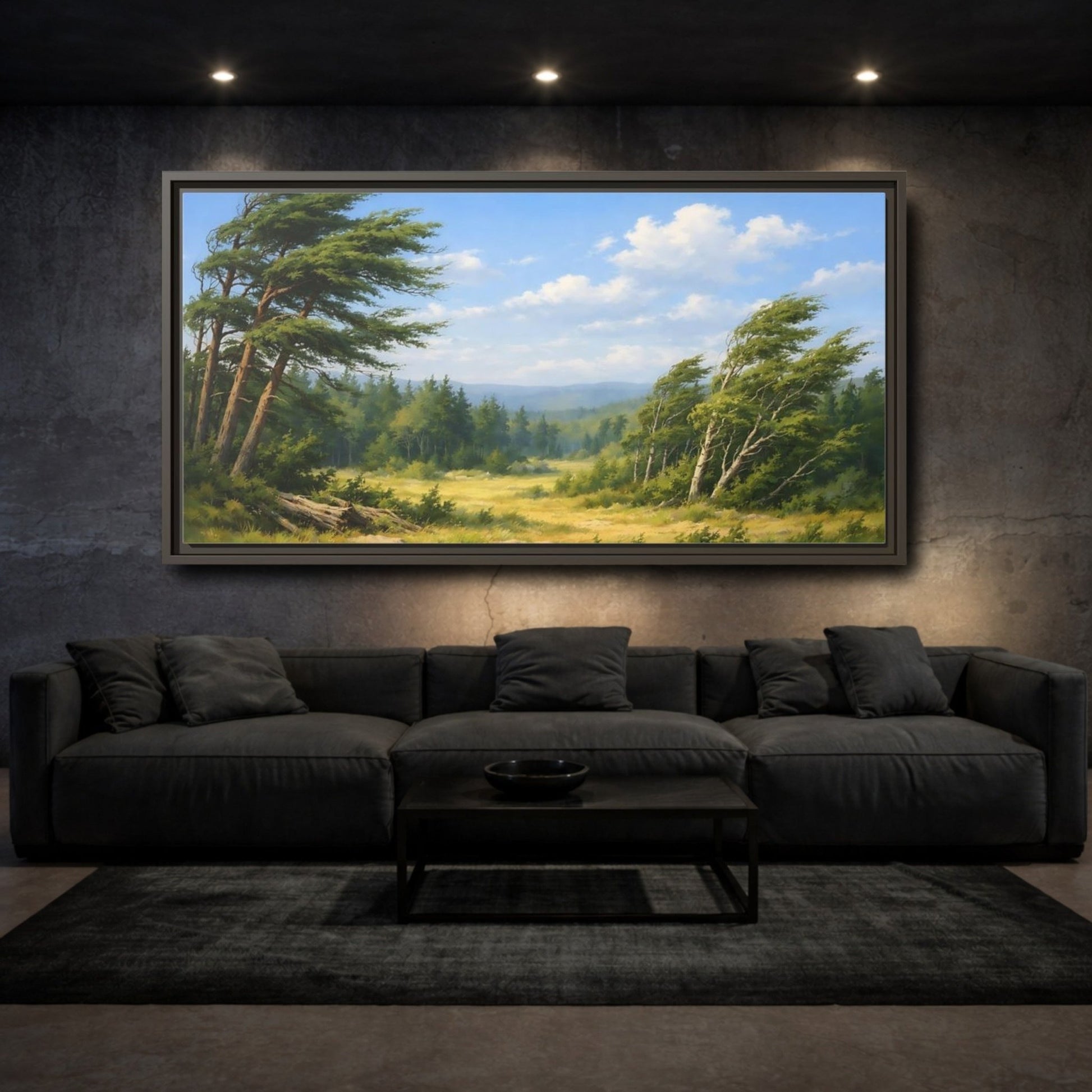 Landscape Nature Wind - Swept Trees Green And - Framed Canvas Wall Art Print - YesArtYes