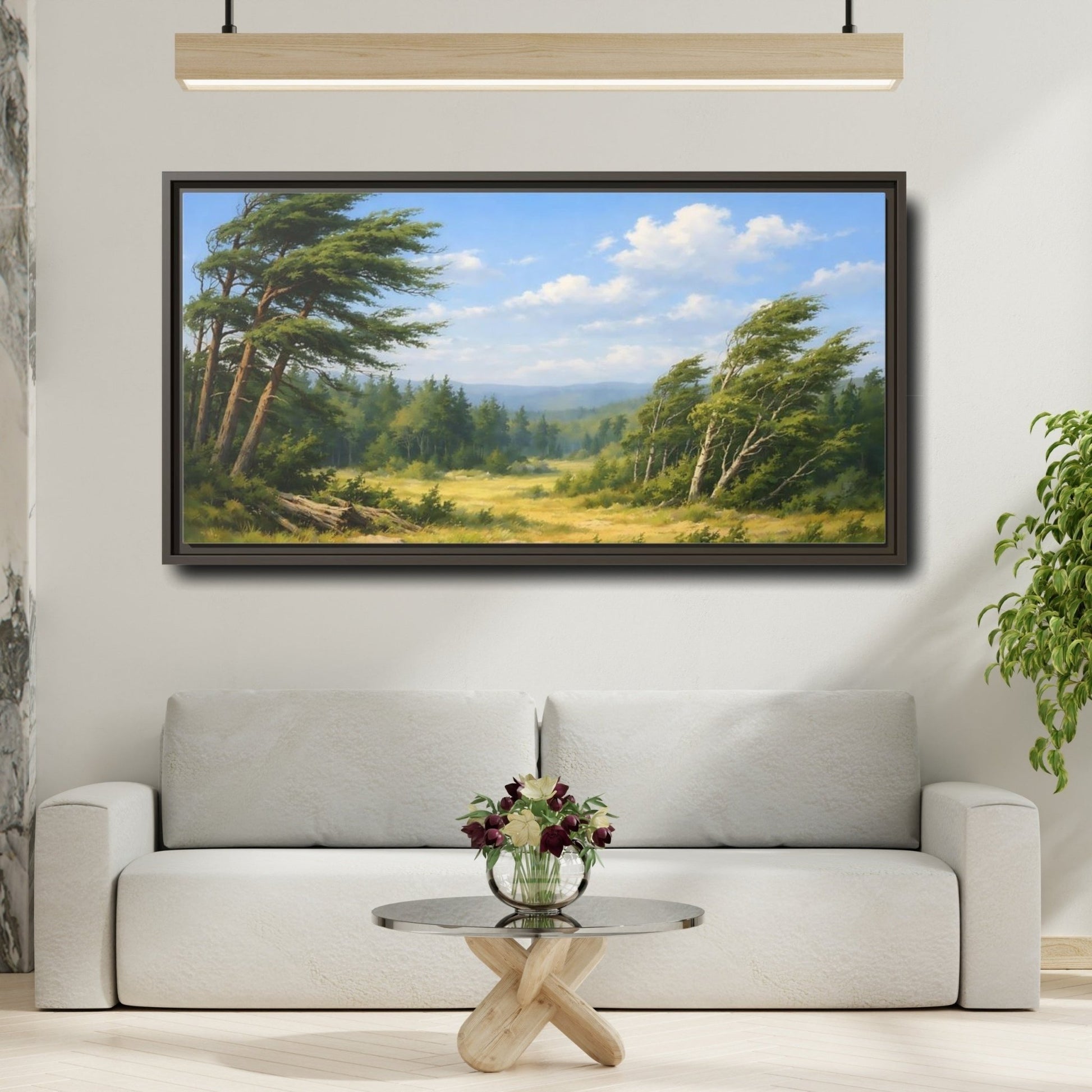 Landscape Nature Wind - Swept Trees Green And - Framed Canvas Wall Art Print - YesArtYes