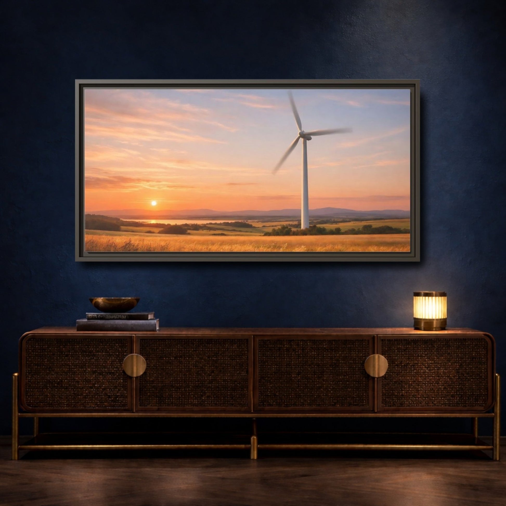Landscape Nature Wind Turbine Sunset - Framed Canvas Wall Art Print - YesArtYes