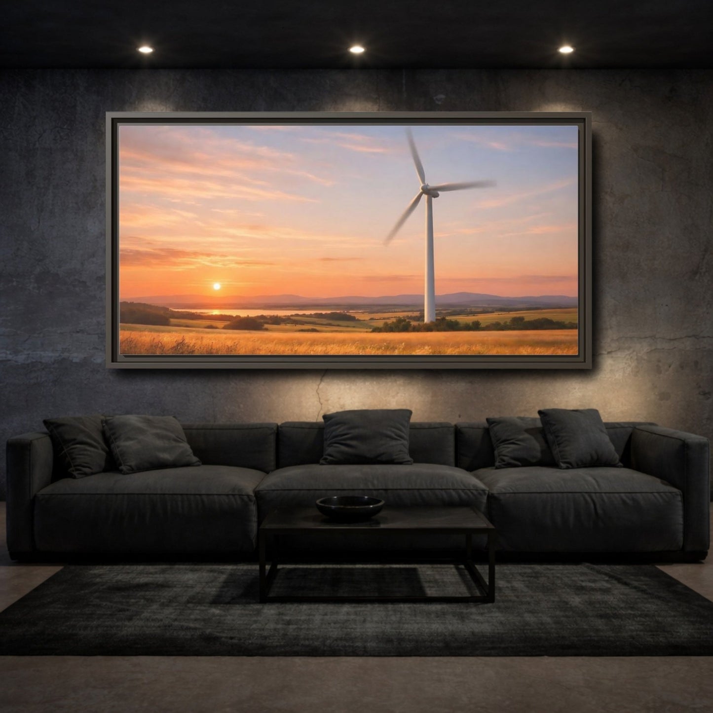 Landscape Nature Wind Turbine Sunset - Framed Canvas Wall Art Print - YesArtYes