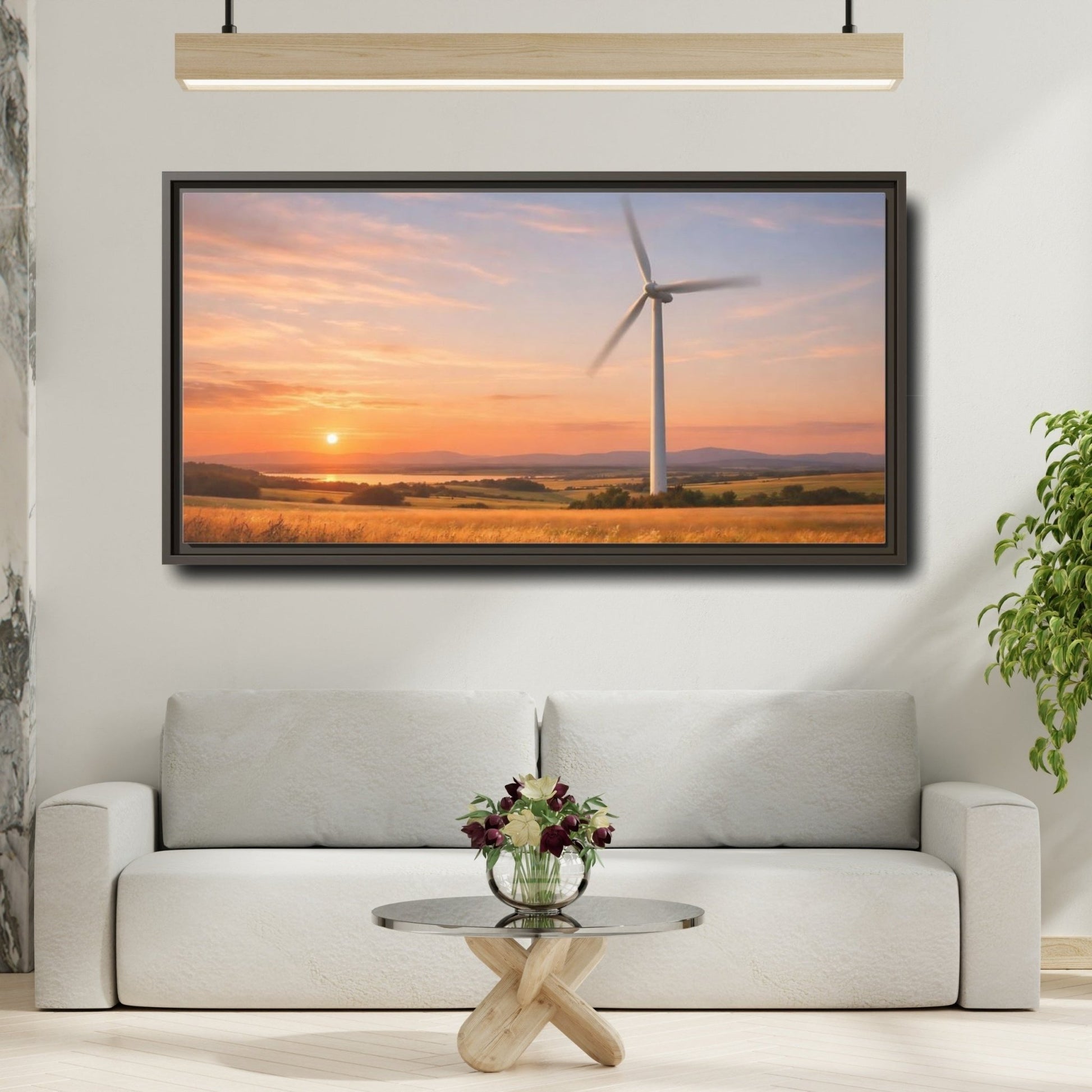 Landscape Nature Wind Turbine Sunset - Framed Canvas Wall Art Print - YesArtYes