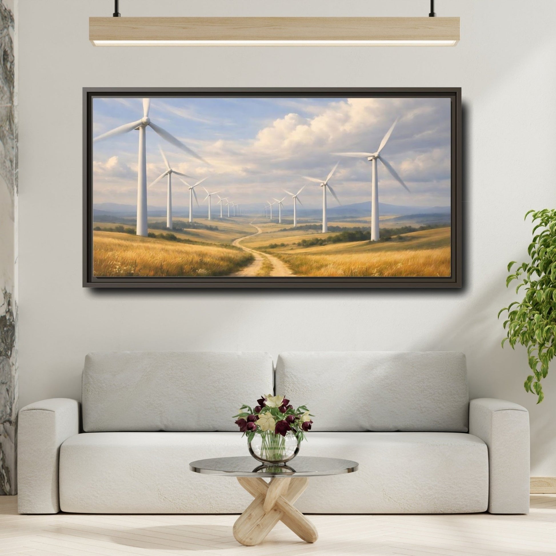 Landscape Nature Wind Turbines Golden Field - Framed Canvas Wall Art Print - YesArtYes