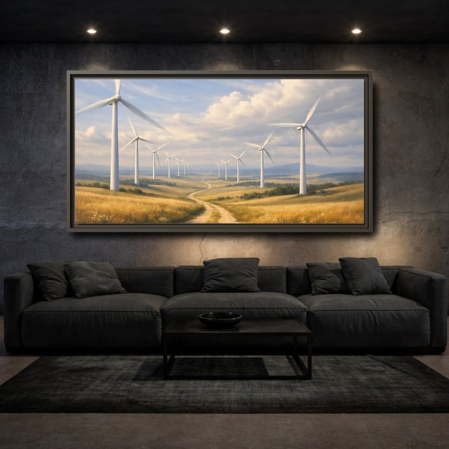 Landscape Nature Wind Turbines Golden Field - Framed Canvas Wall Art Print - YesArtYes