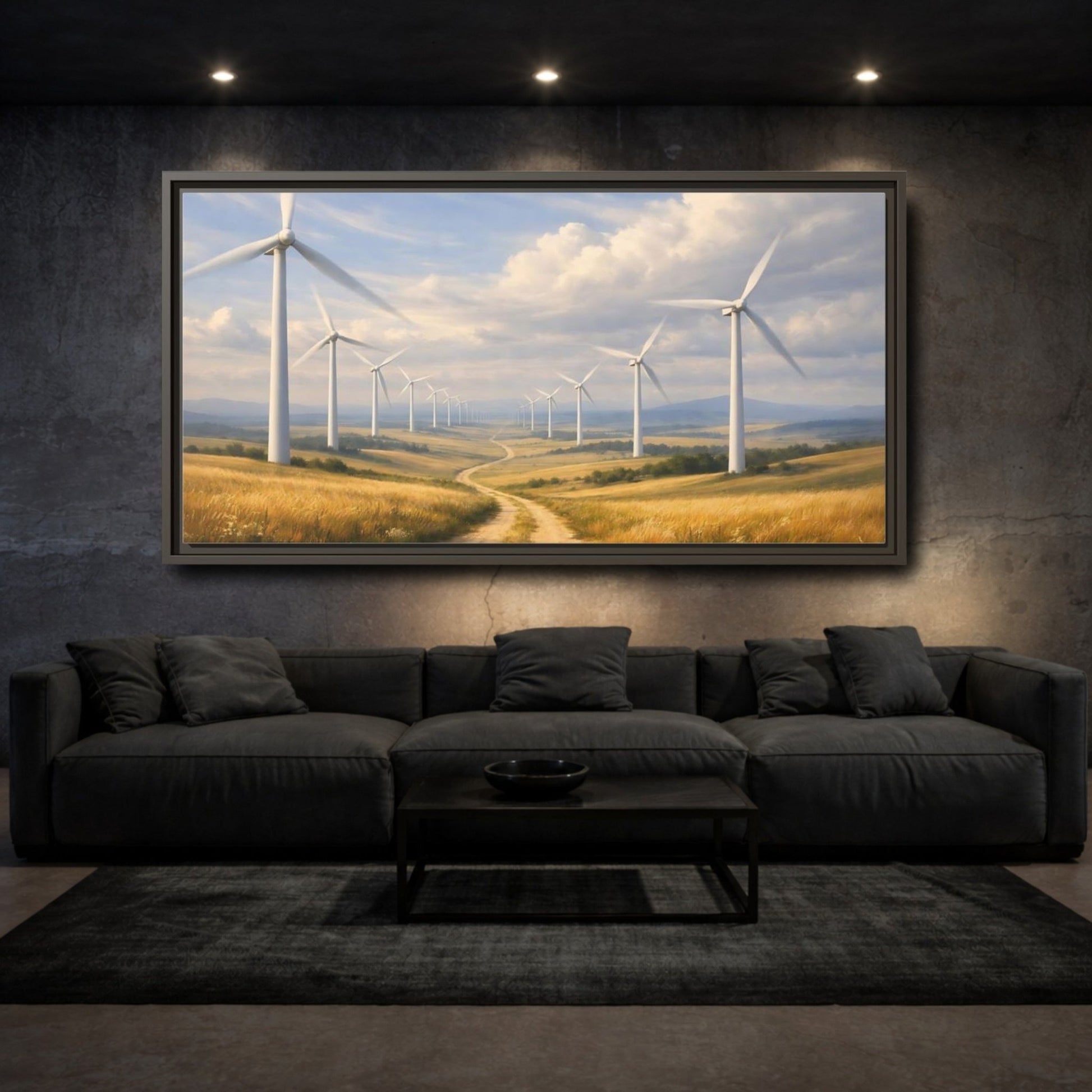 Landscape Nature Wind Turbines Golden Field - Framed Canvas Wall Art Print - YesArtYes