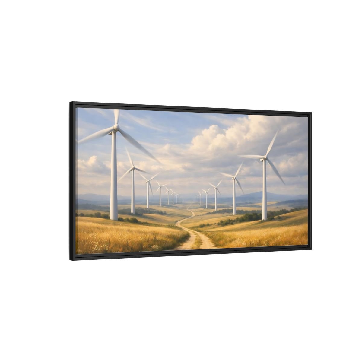 Landscape Nature Wind Turbines Golden Field - Framed Canvas Wall Art Print - YesArtYes