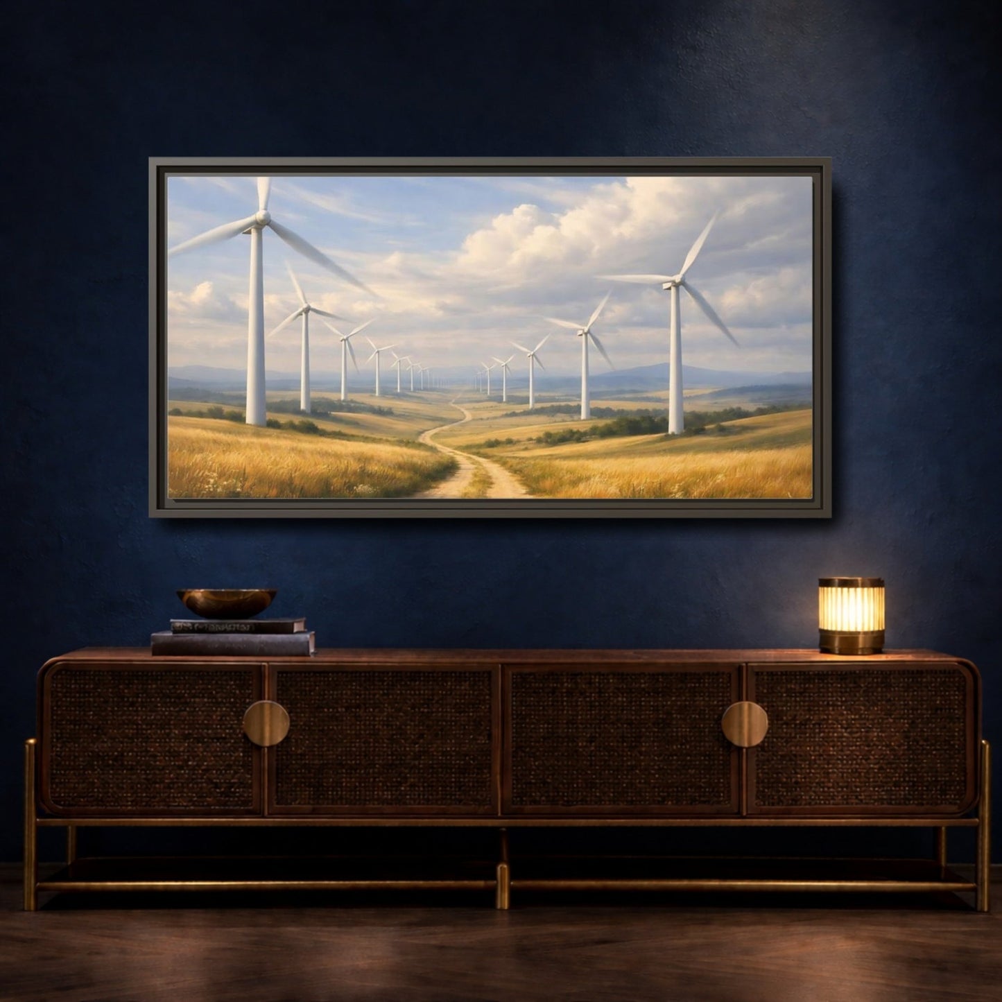 Landscape Nature Wind Turbines Golden Field - Framed Canvas Wall Art Print - YesArtYes