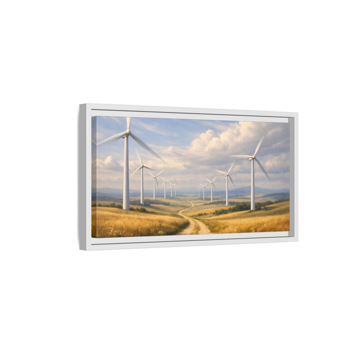 Landscape Nature Wind Turbines Golden Field - Framed Canvas Wall Art Print - YesArtYes