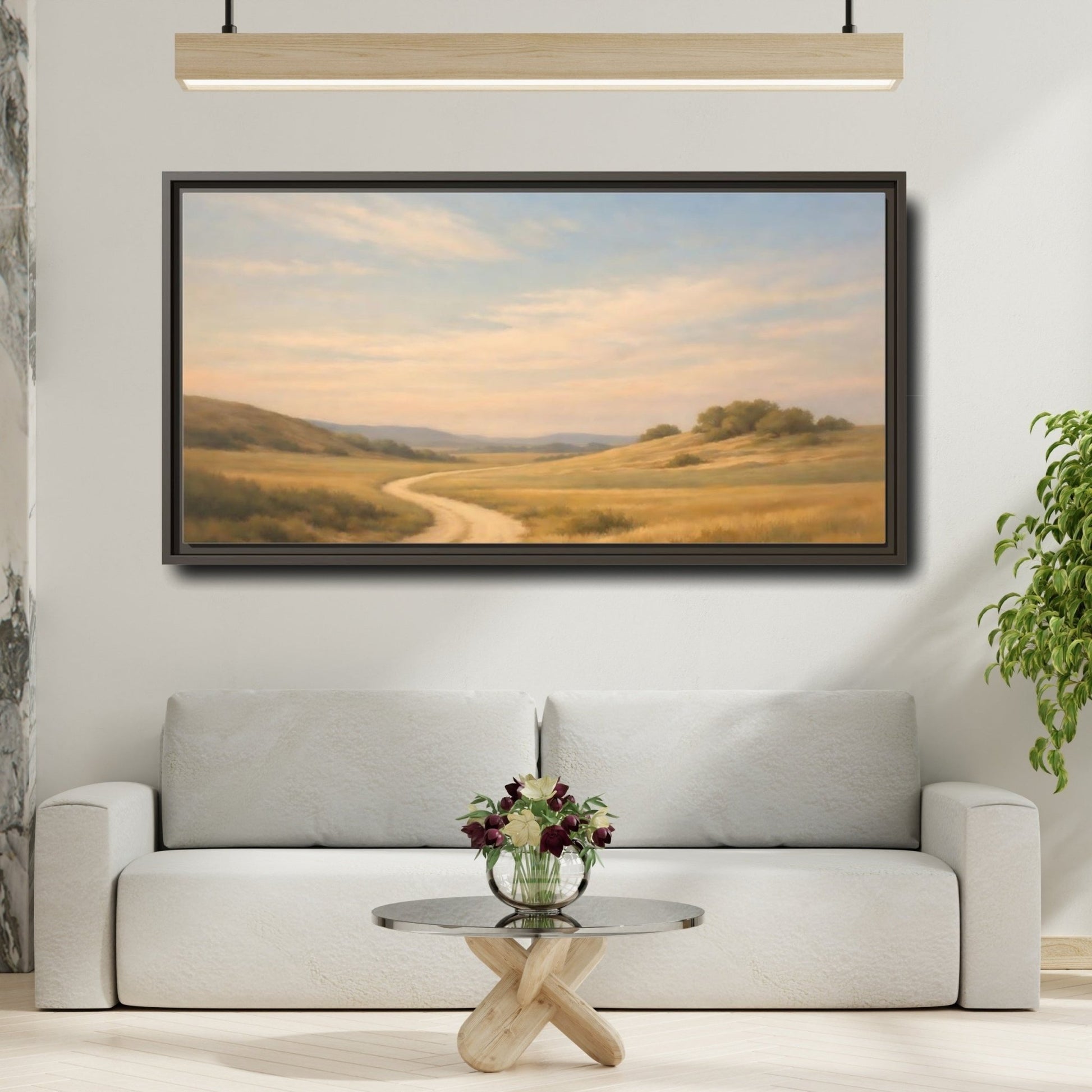 Landscape Nature Winding Road Golden Fields - Framed Canvas Wall Art Print - YesArtYes