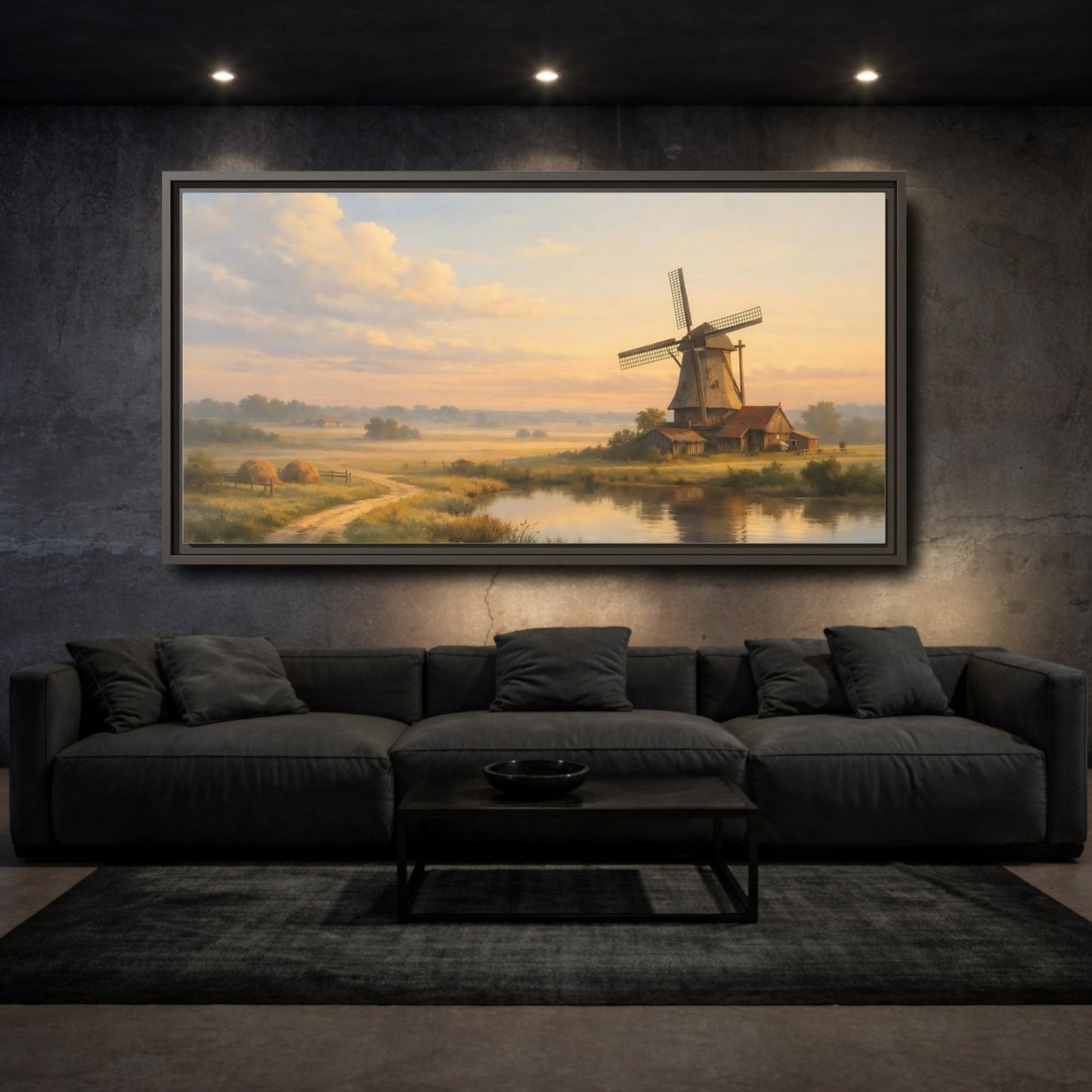 Landscape Nature Windmill Golden Hour - Framed Canvas Wall Art Print - YesArtYes