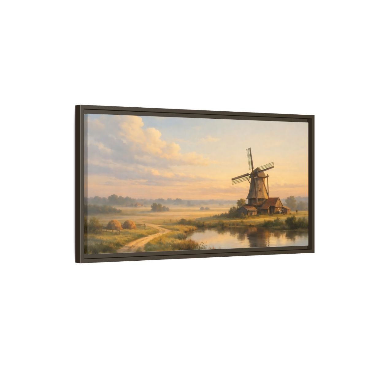 Landscape Nature Windmill Golden Hour - Framed Canvas Wall Art Print - YesArtYes