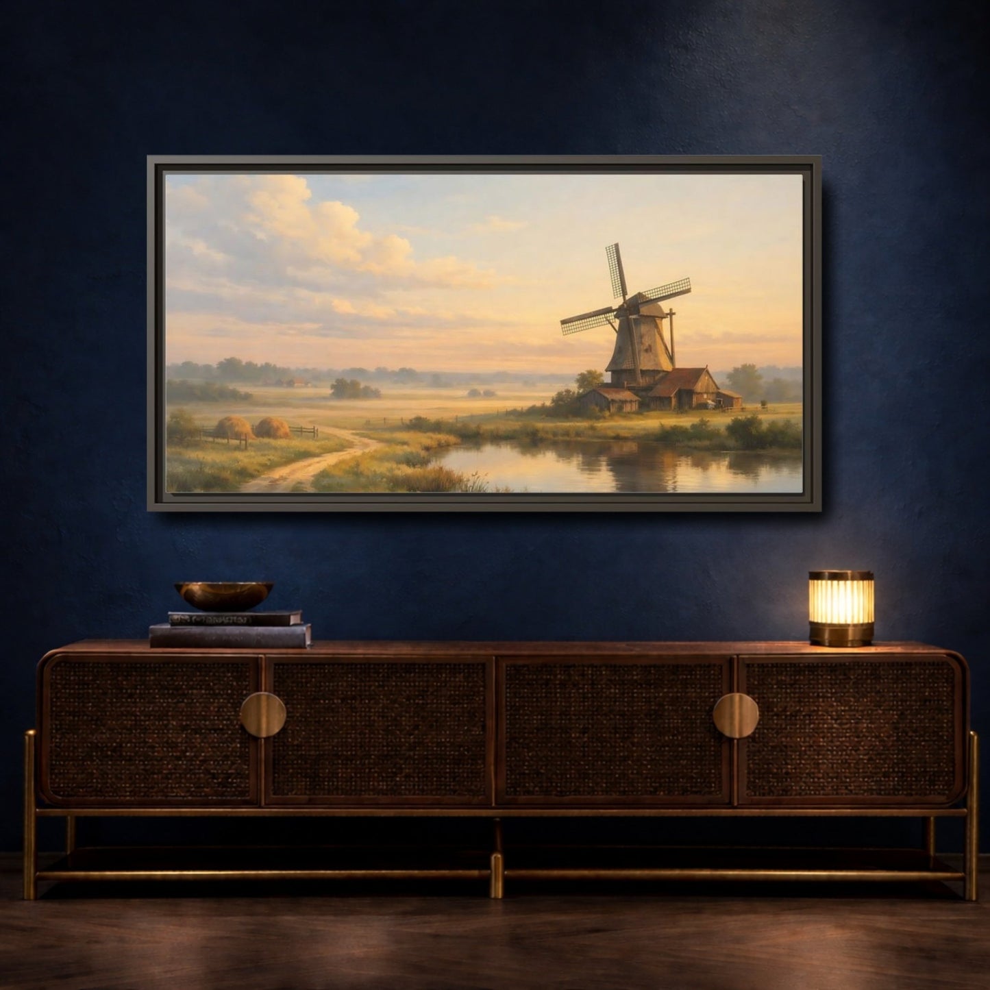 Landscape Nature Windmill Golden Hour - Framed Canvas Wall Art Print - YesArtYes