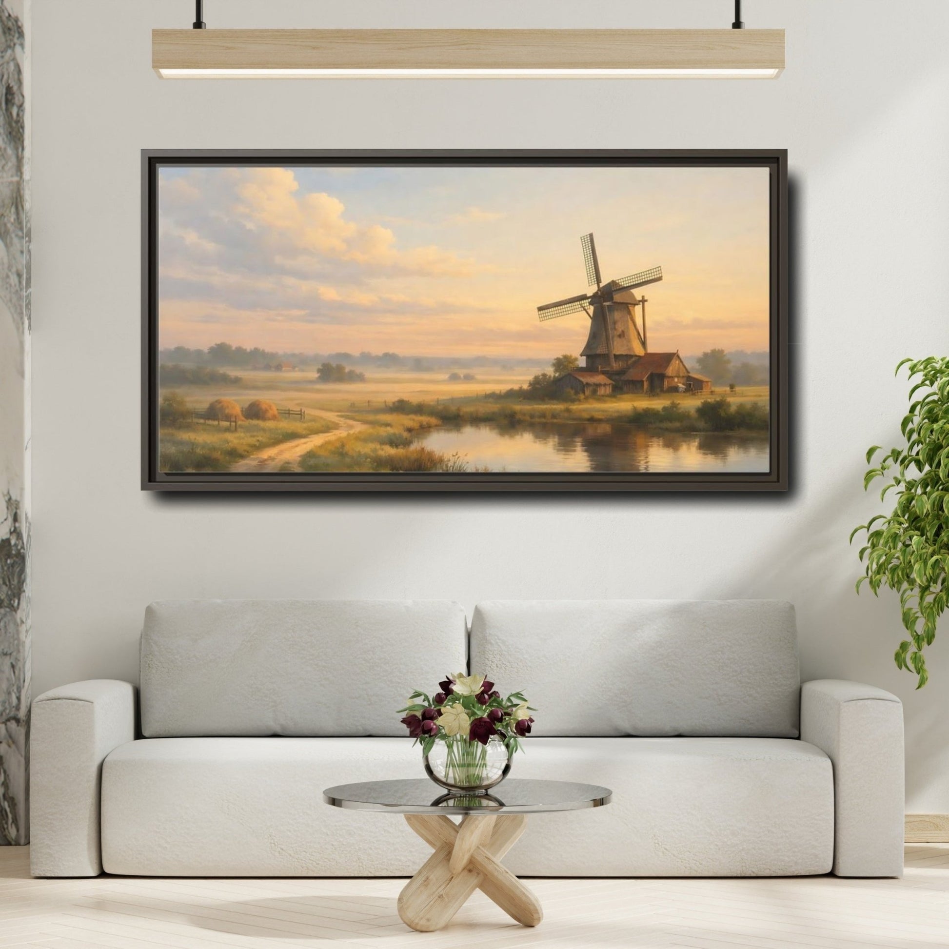 Landscape Nature Windmill Golden Hour - Framed Canvas Wall Art Print - YesArtYes