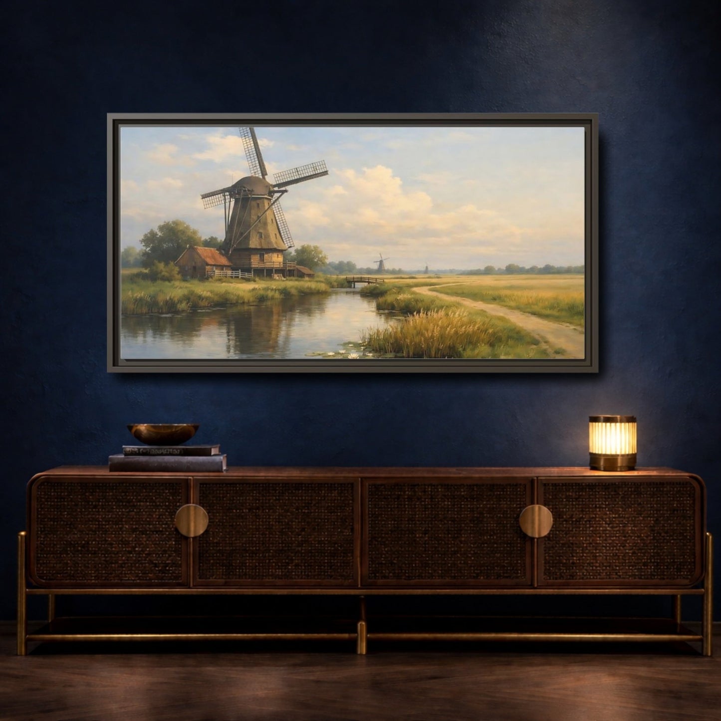 Landscape Nature Windmill Green And Brown - Framed Canvas Wall Art Print - YesArtYes
