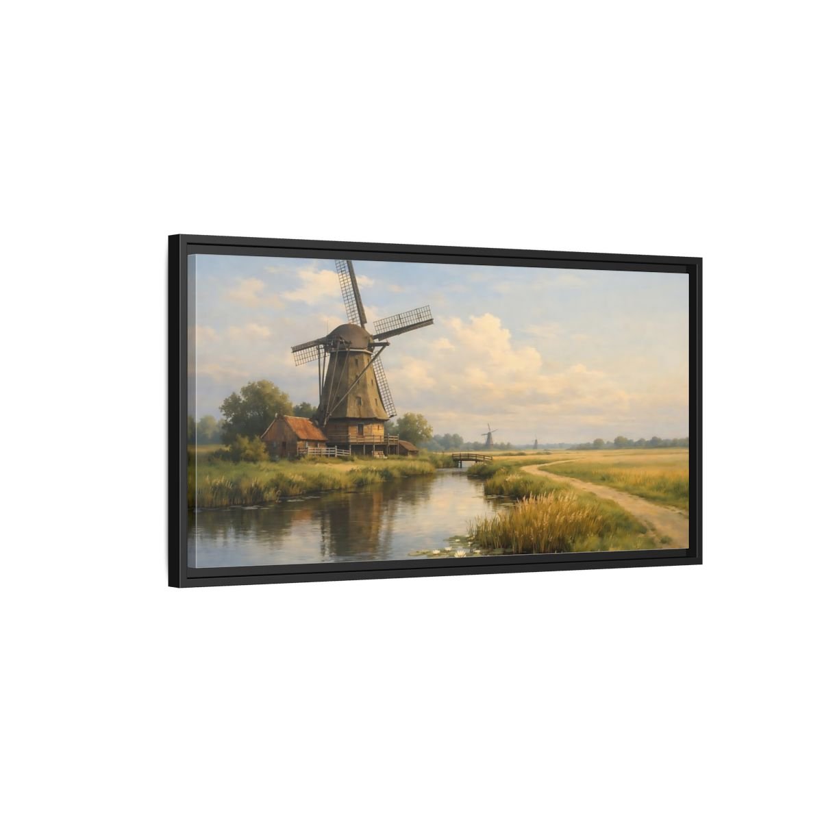 Landscape Nature Windmill Green And Brown - Framed Canvas Wall Art Print - YesArtYes