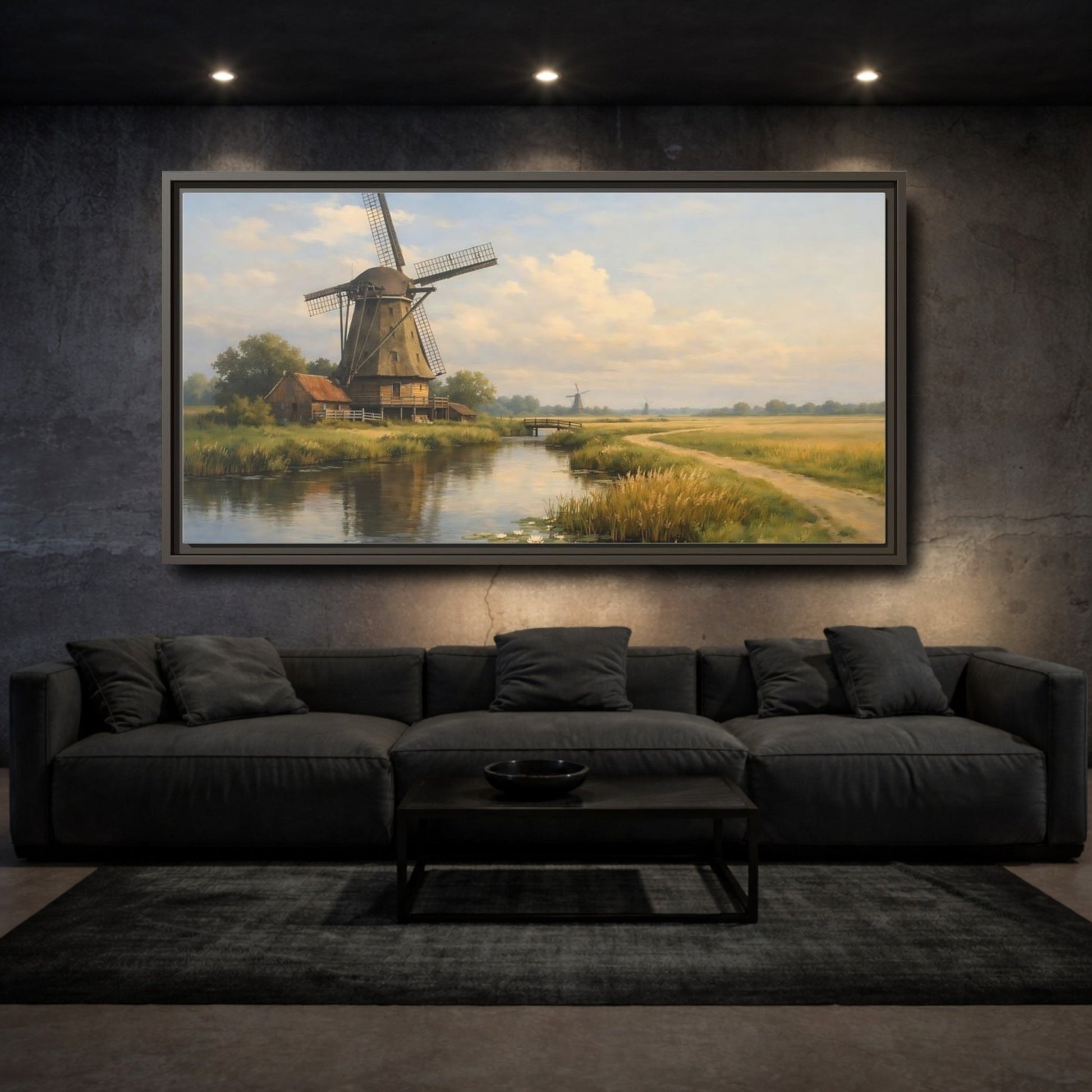 Landscape Nature Windmill Green And Brown - Framed Canvas Wall Art Print - YesArtYes