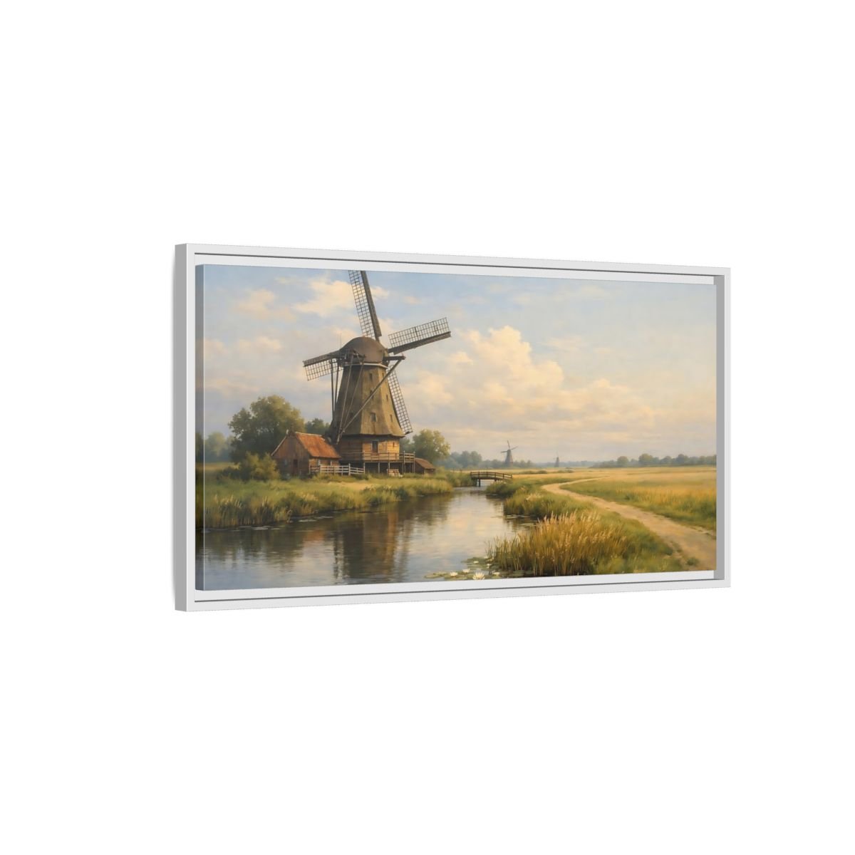 Landscape Nature Windmill Green And Brown - Framed Canvas Wall Art Print - YesArtYes