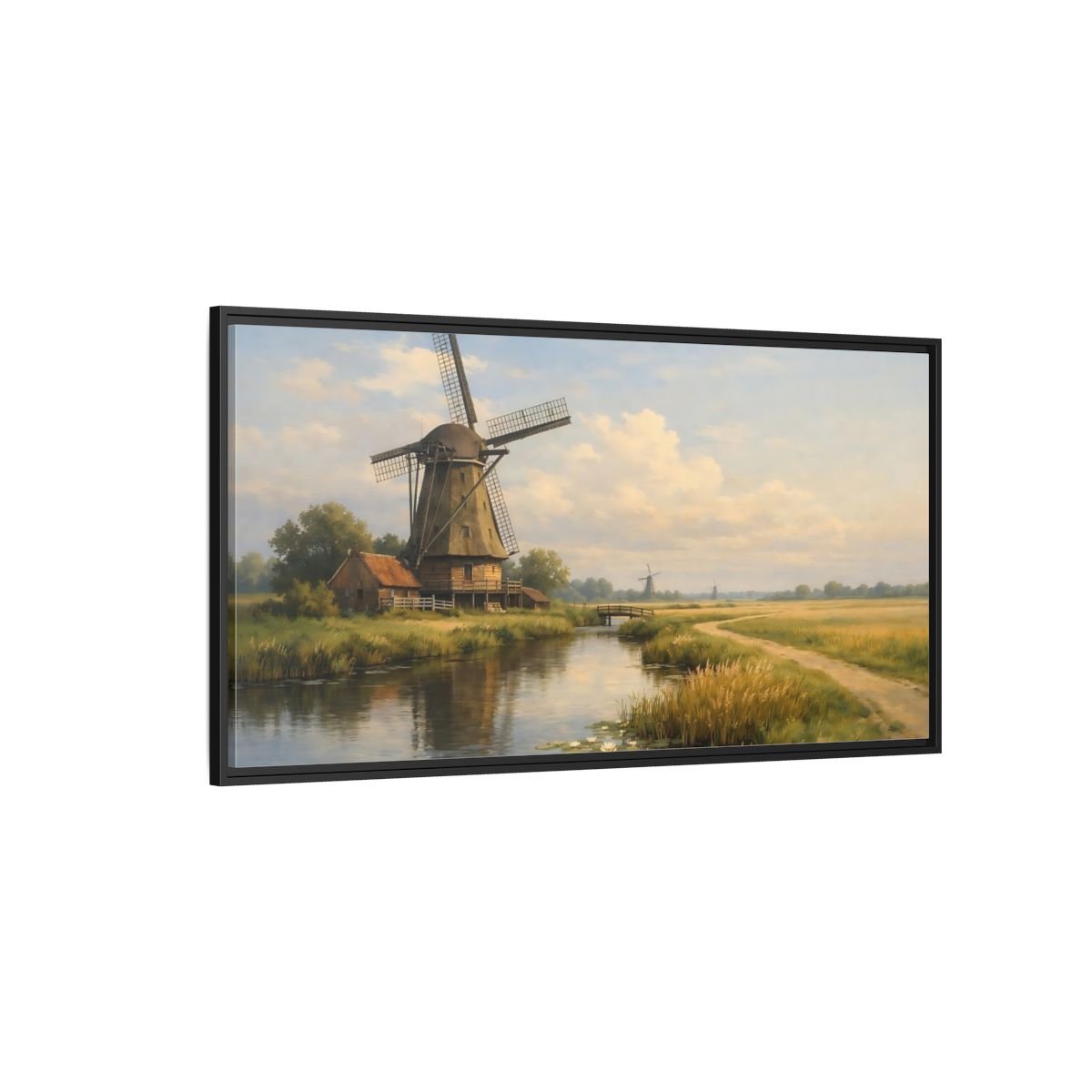 Landscape Nature Windmill Green And Brown - Framed Canvas Wall Art Print - YesArtYes