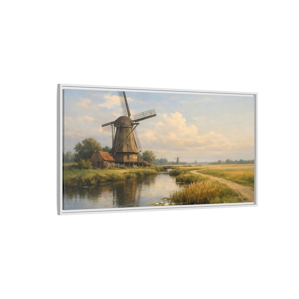 Landscape Nature Windmill Green And Brown - Framed Canvas Wall Art Print - YesArtYes