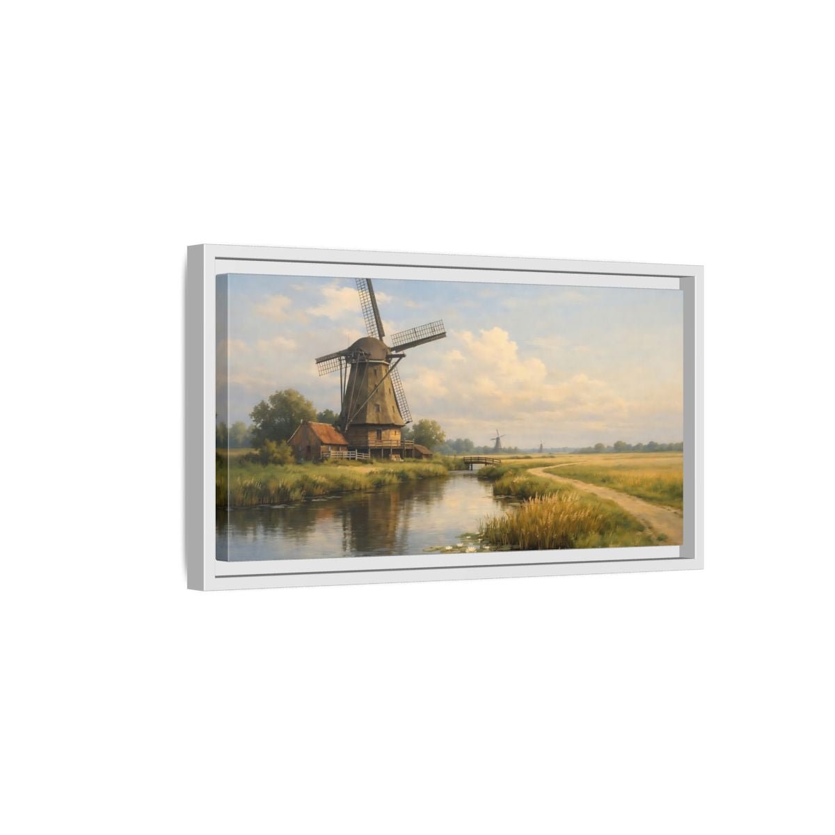 Landscape Nature Windmill Green And Brown - Framed Canvas Wall Art Print - YesArtYes