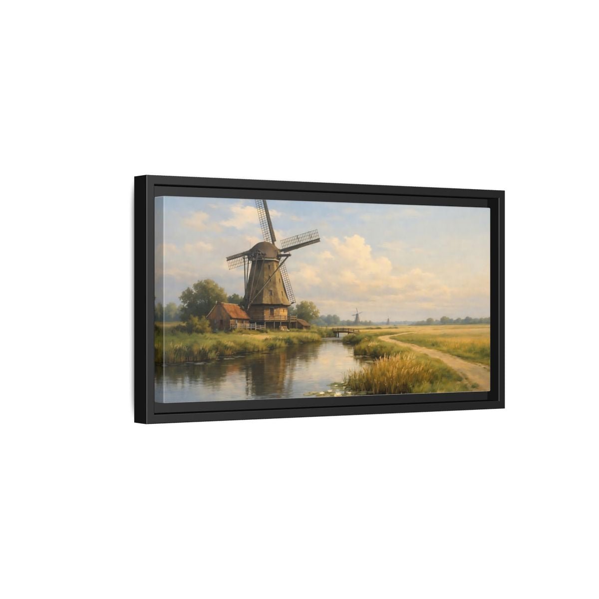 Landscape Nature Windmill Green And Brown - Framed Canvas Wall Art Print - YesArtYes