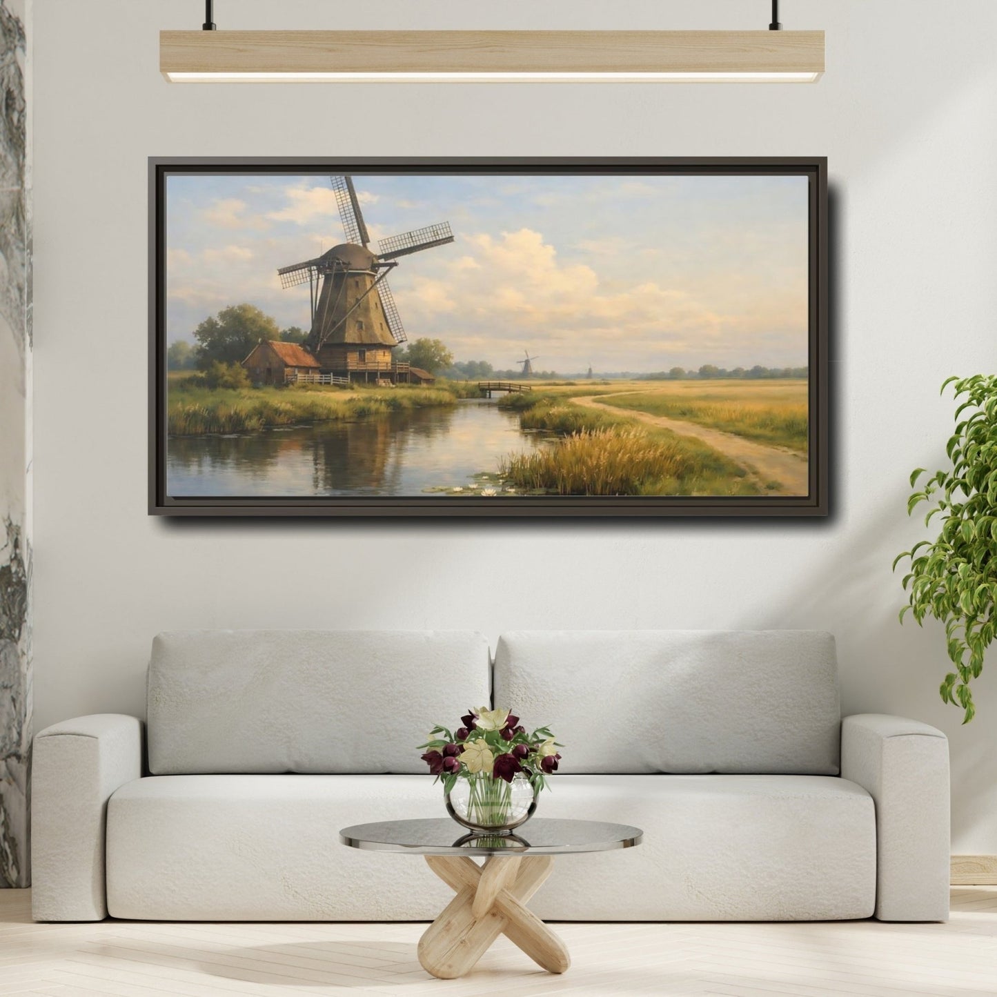 Landscape Nature Windmill Green And Brown - Framed Canvas Wall Art Print - YesArtYes