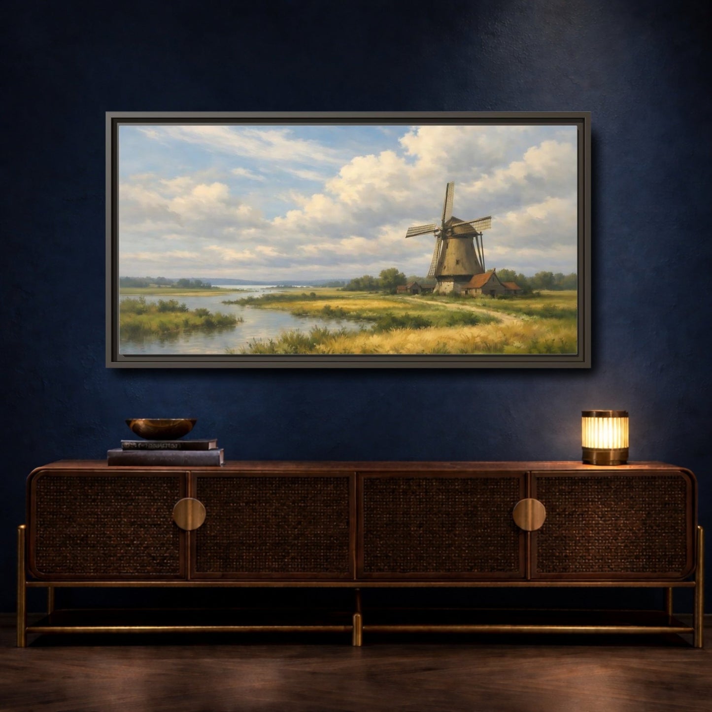 Landscape Nature Windmill Rural - Framed Canvas Wall Art Print - YesArtYes