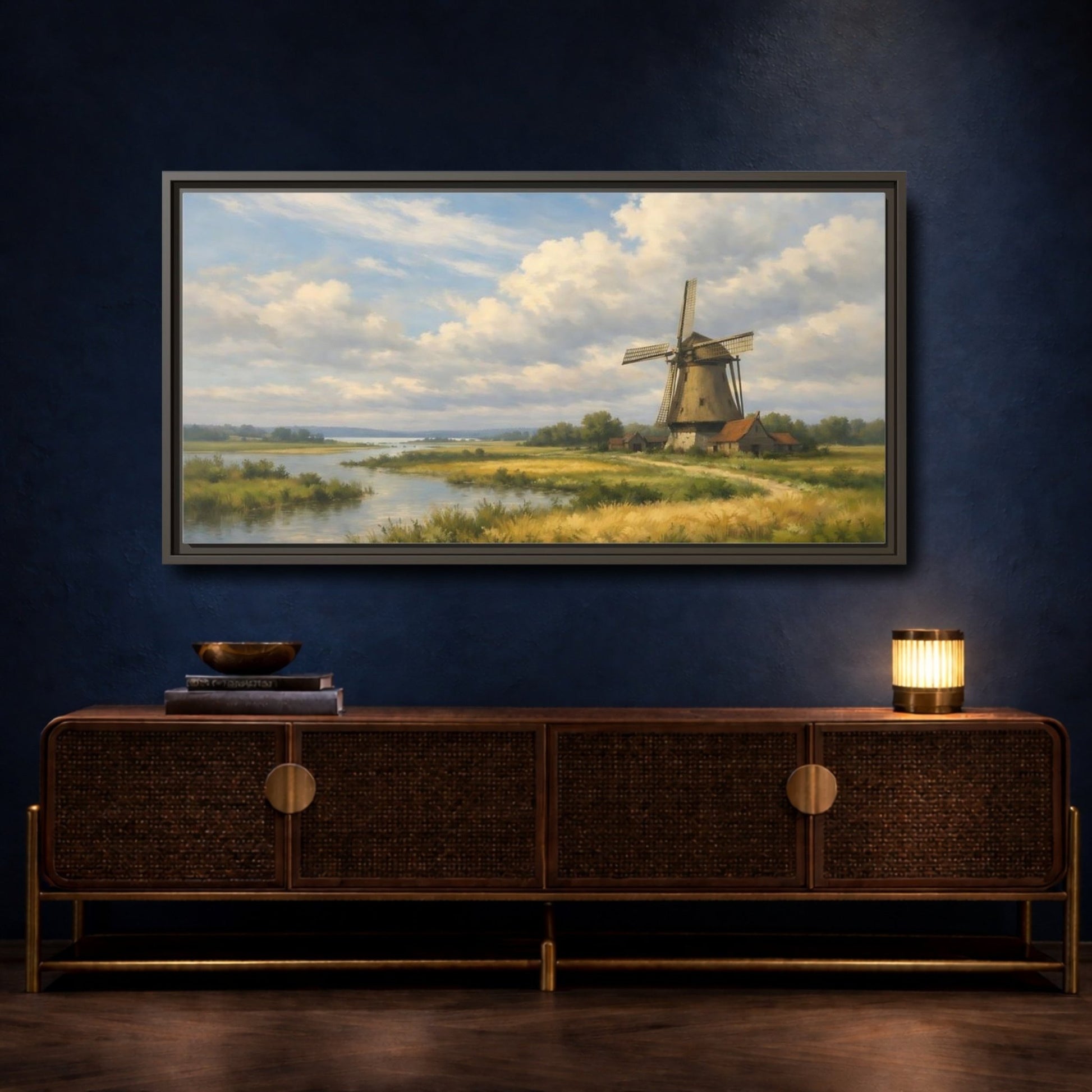 Landscape Nature Windmill Rural - Framed Canvas Wall Art Print - YesArtYes
