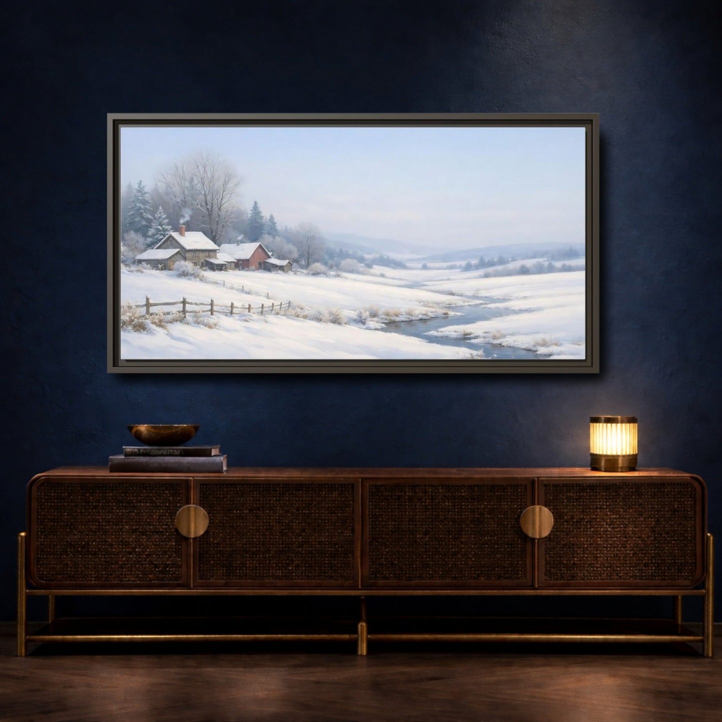 Landscape Nature Winter Farm - Framed Canvas Wall Art Print - YesArtYes