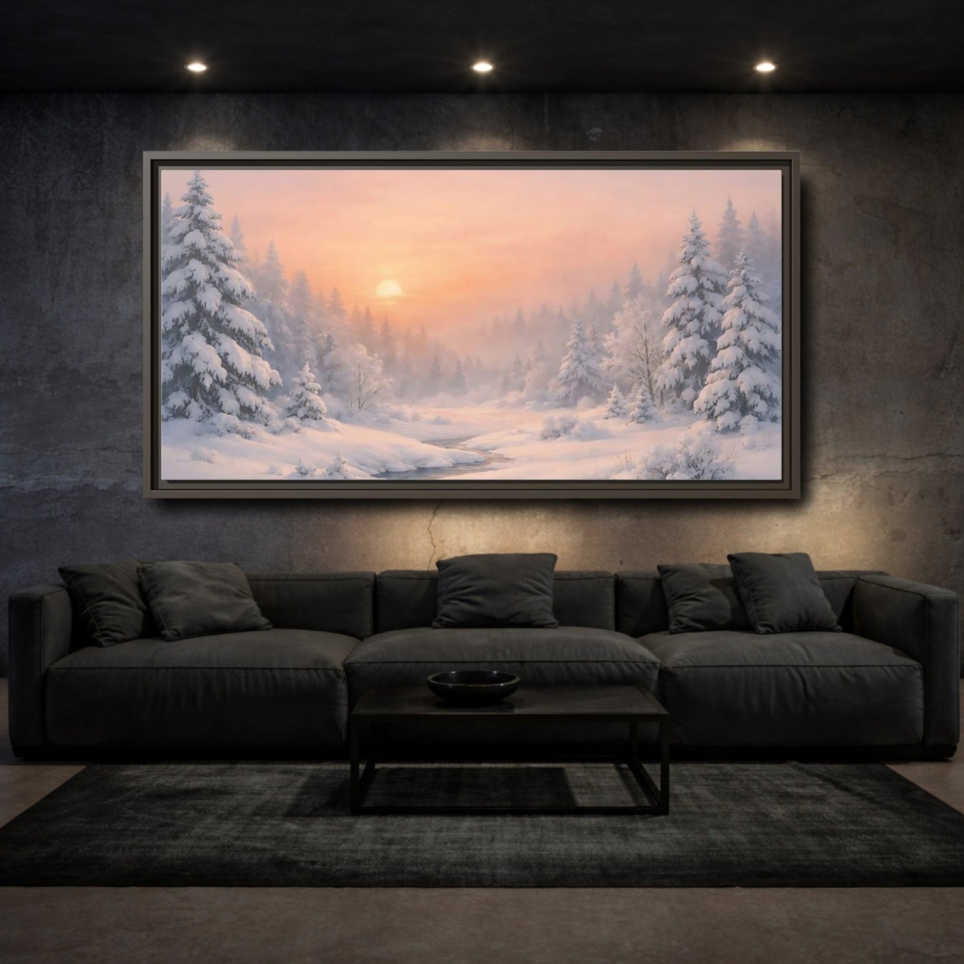 Landscape Nature Winter Forest Pink - Framed Canvas Wall Art Print - YesArtYes