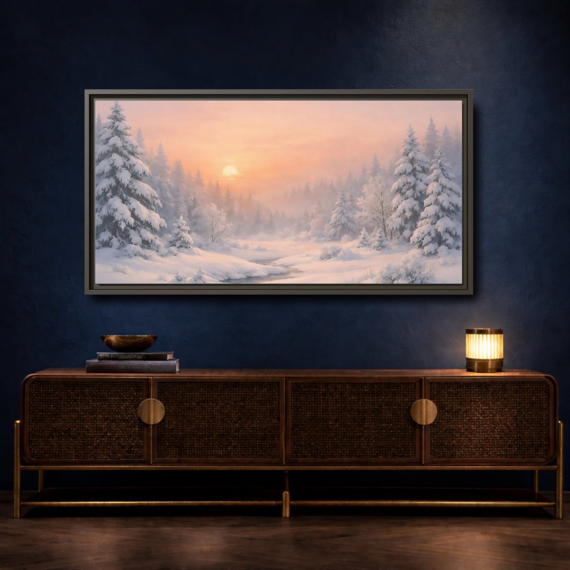 Landscape Nature Winter Forest Pink - Framed Canvas Wall Art Print - YesArtYes