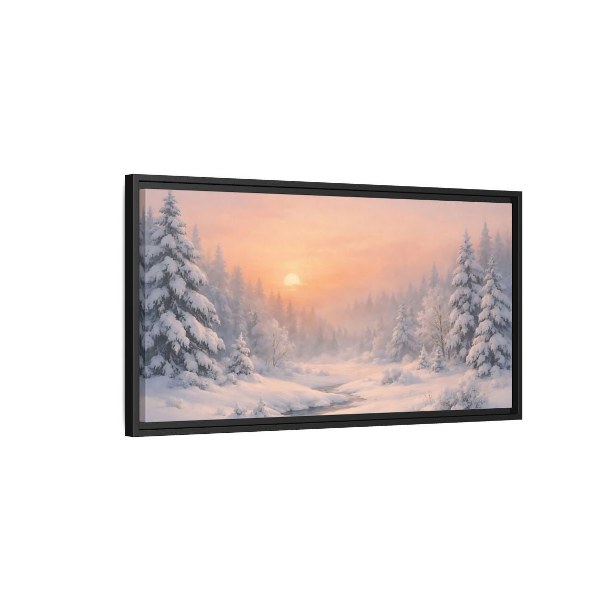 Side Mockup 2. Nature Winter Forest Pink Winter Landscape shown as stretched canvas wall art
