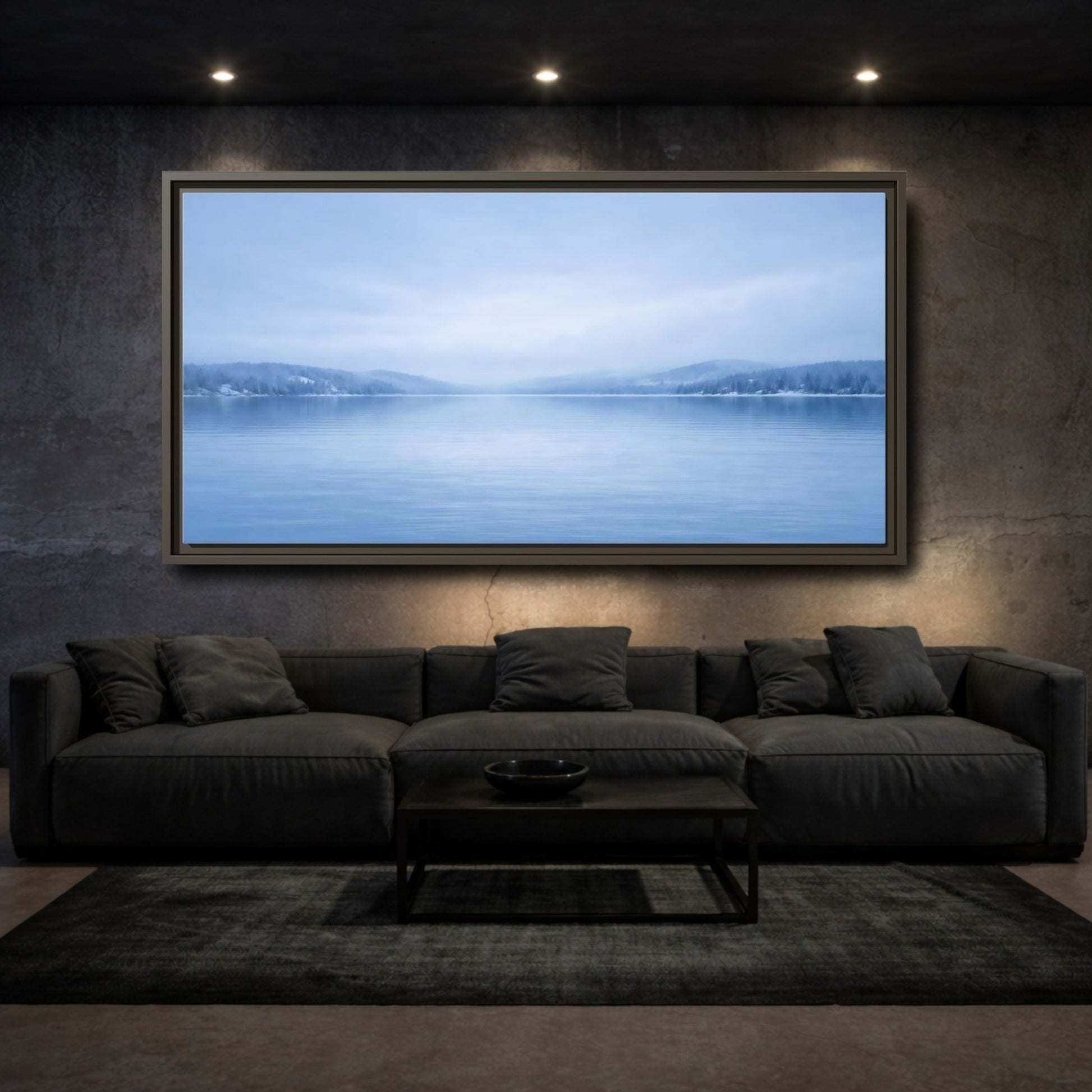 Landscape Nature Winter Lake Misty Blue - Framed Canvas Wall Art Print - YesArtYes