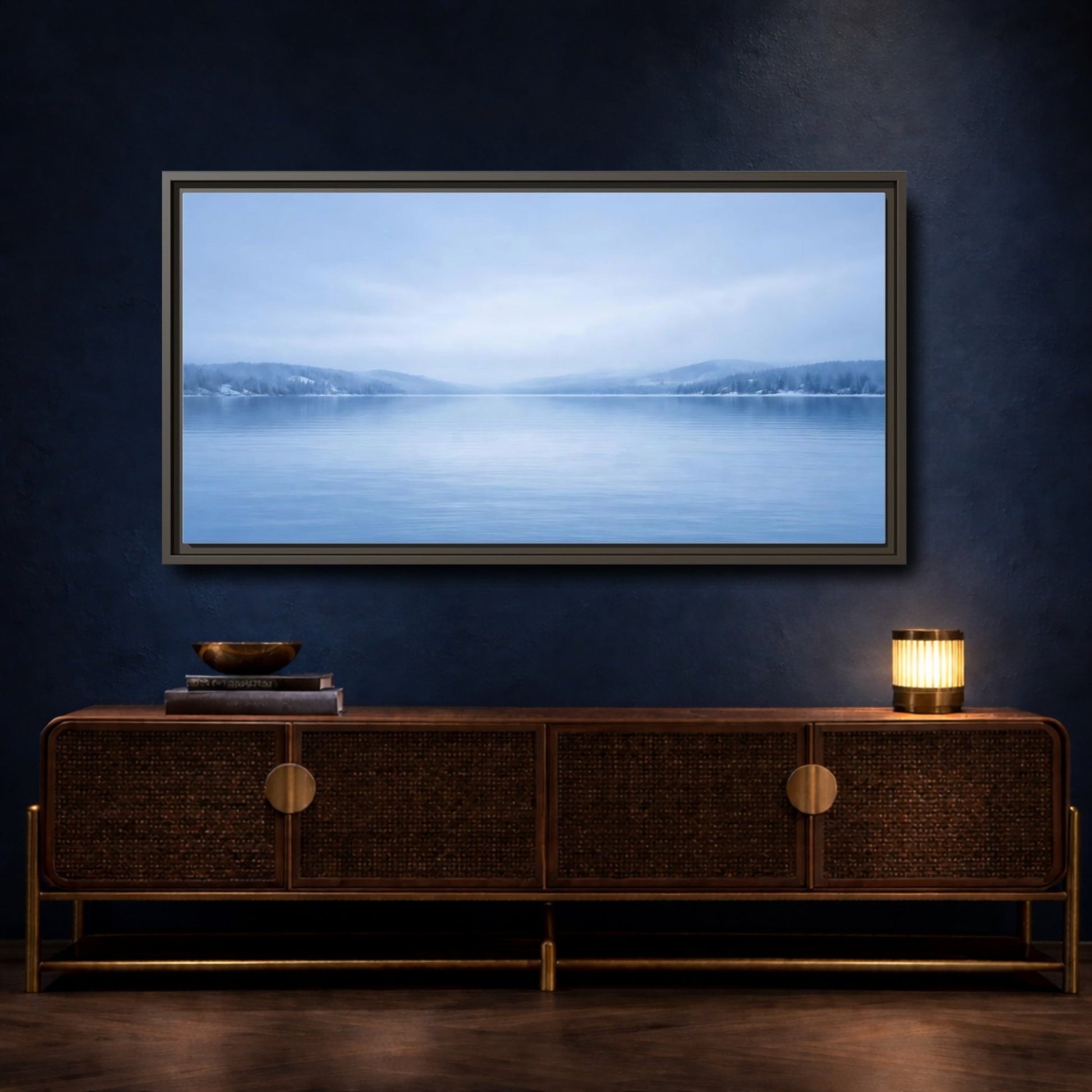 Landscape Nature Winter Lake Misty Blue - Framed Canvas Wall Art Print - YesArtYes