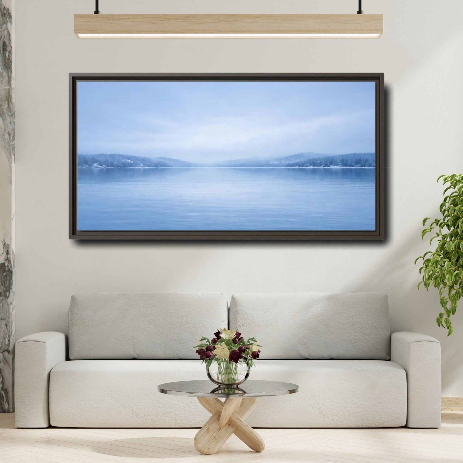 Landscape Nature Winter Lake Misty Blue - Framed Canvas Wall Art Print - YesArtYes