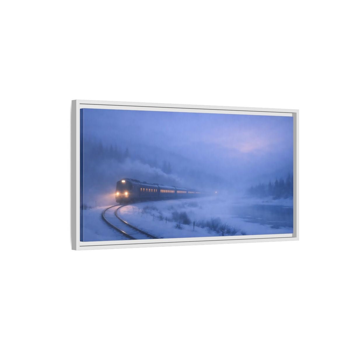 Landscape Nature Winter Train Blue - Framed Canvas Wall Art Print - YesArtYes