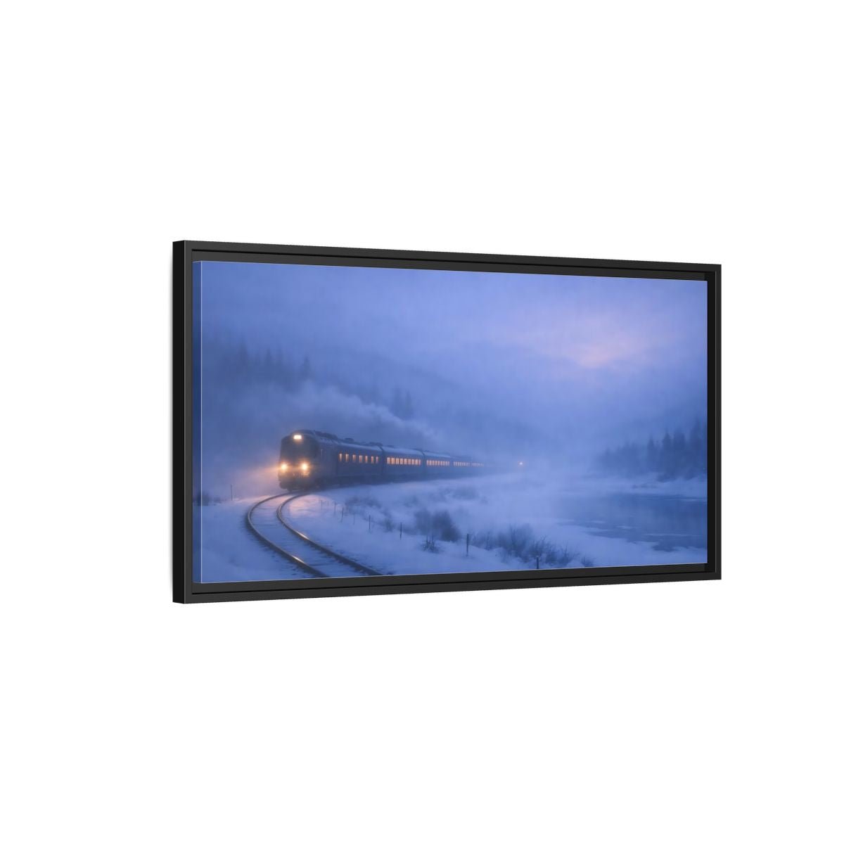 Landscape Nature Winter Train Blue - Framed Canvas Wall Art Print - YesArtYes