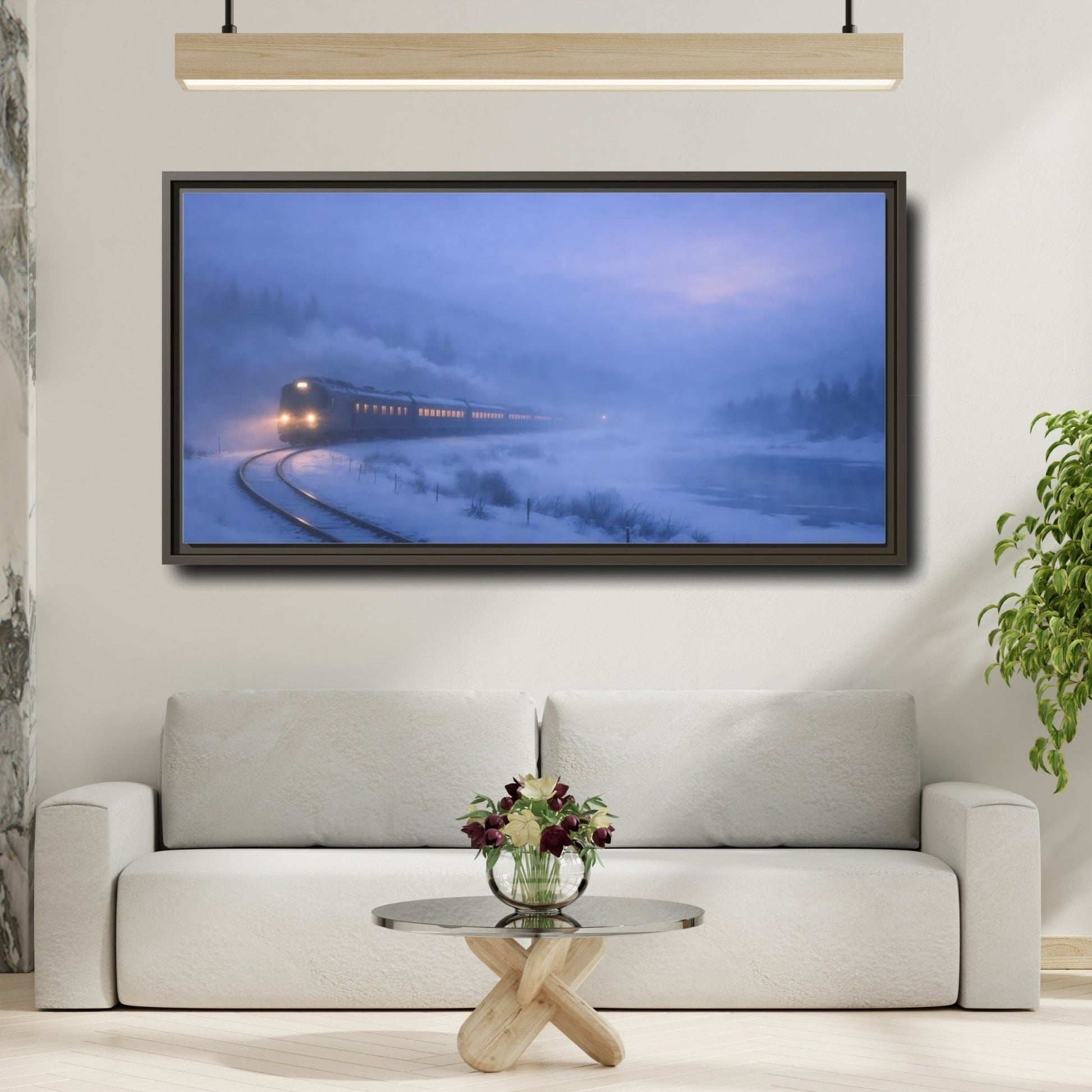 Landscape Nature Winter Train Blue - Framed Canvas Wall Art Print - YesArtYes