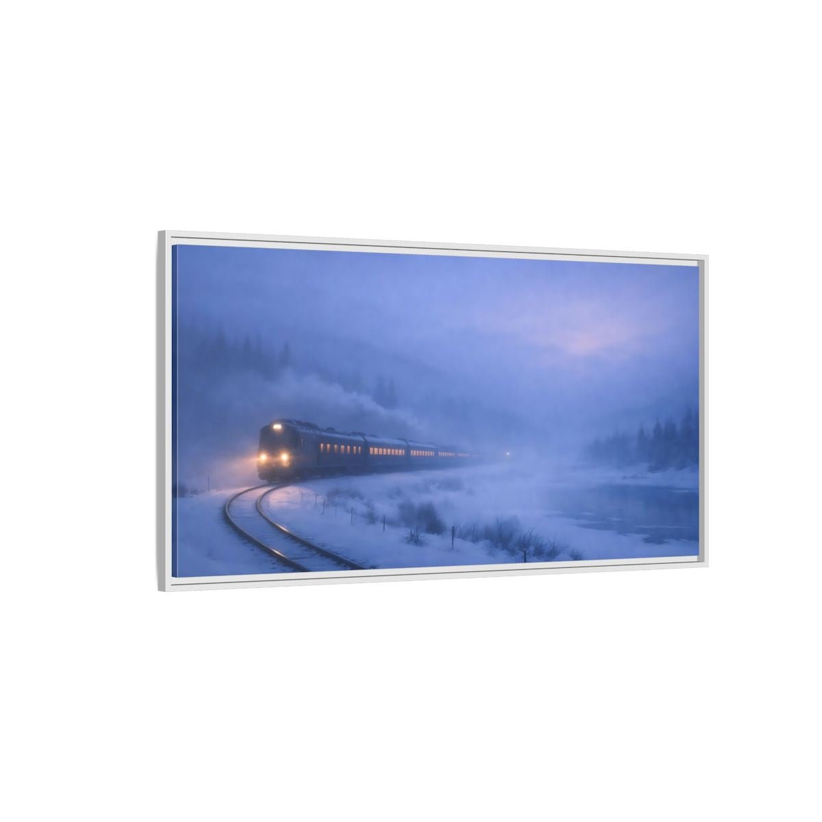 Landscape Nature Winter Train Blue - Framed Canvas Wall Art Print - YesArtYes