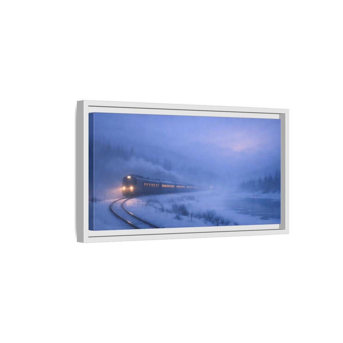 Landscape Nature Winter Train Blue - Framed Canvas Wall Art Print - YesArtYes