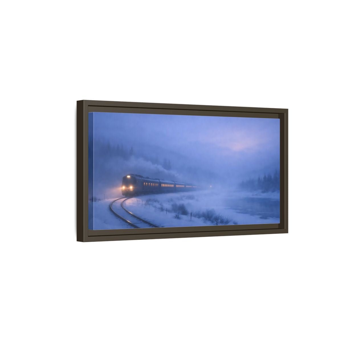 Landscape Nature Winter Train Blue - Framed Canvas Wall Art Print - YesArtYes