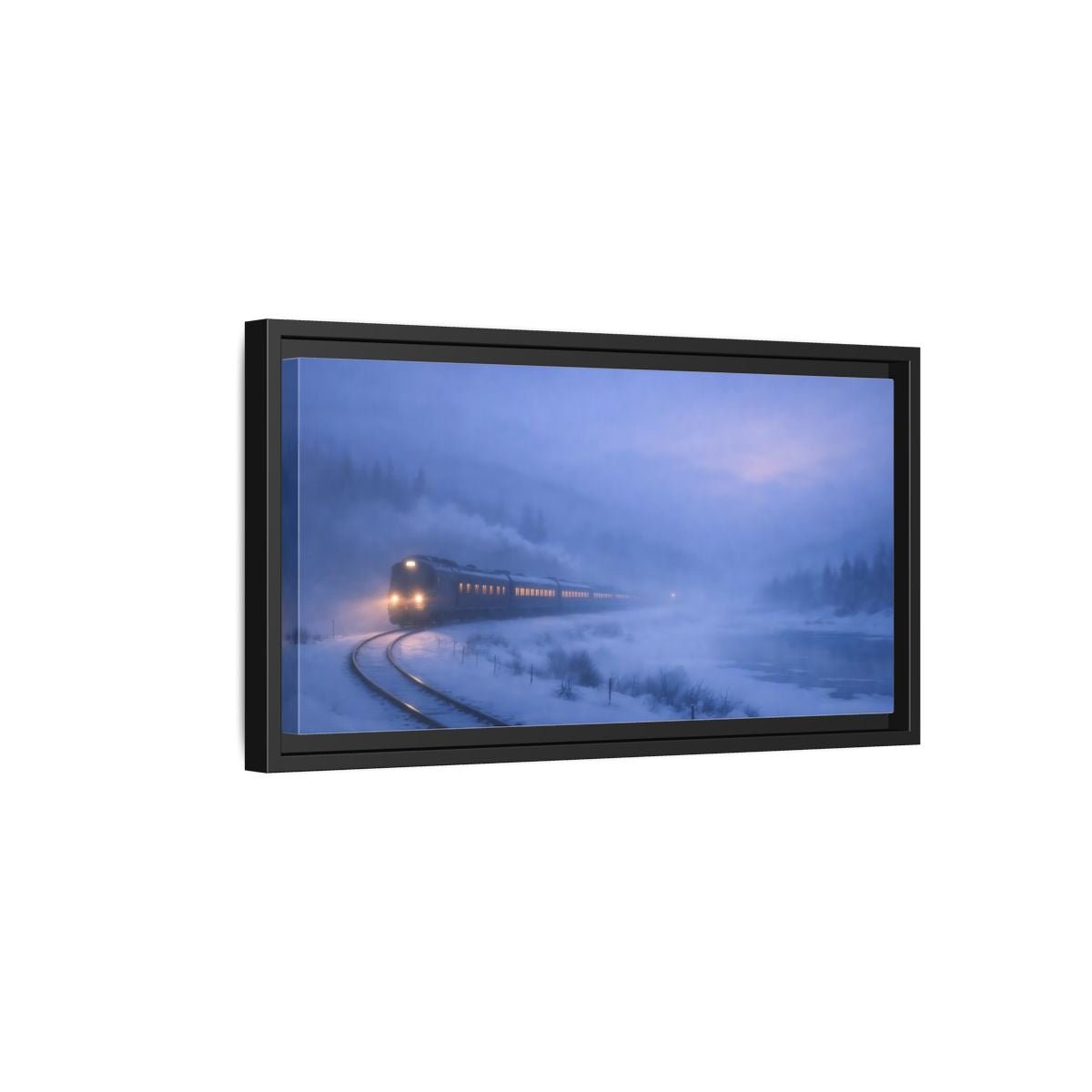 Landscape Nature Winter Train Blue - Framed Canvas Wall Art Print - YesArtYes