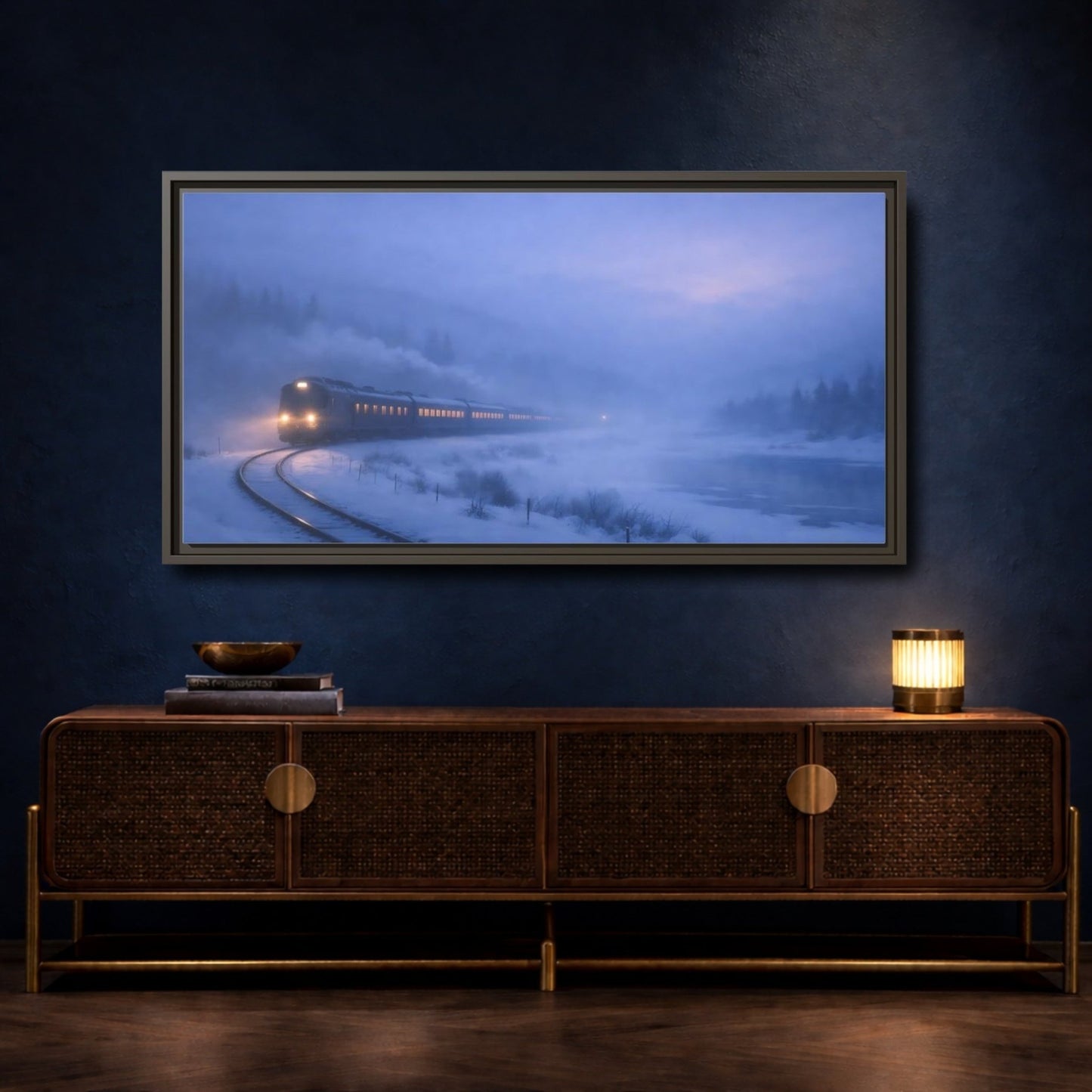 Landscape Nature Winter Train Blue - Framed Canvas Wall Art Print - YesArtYes