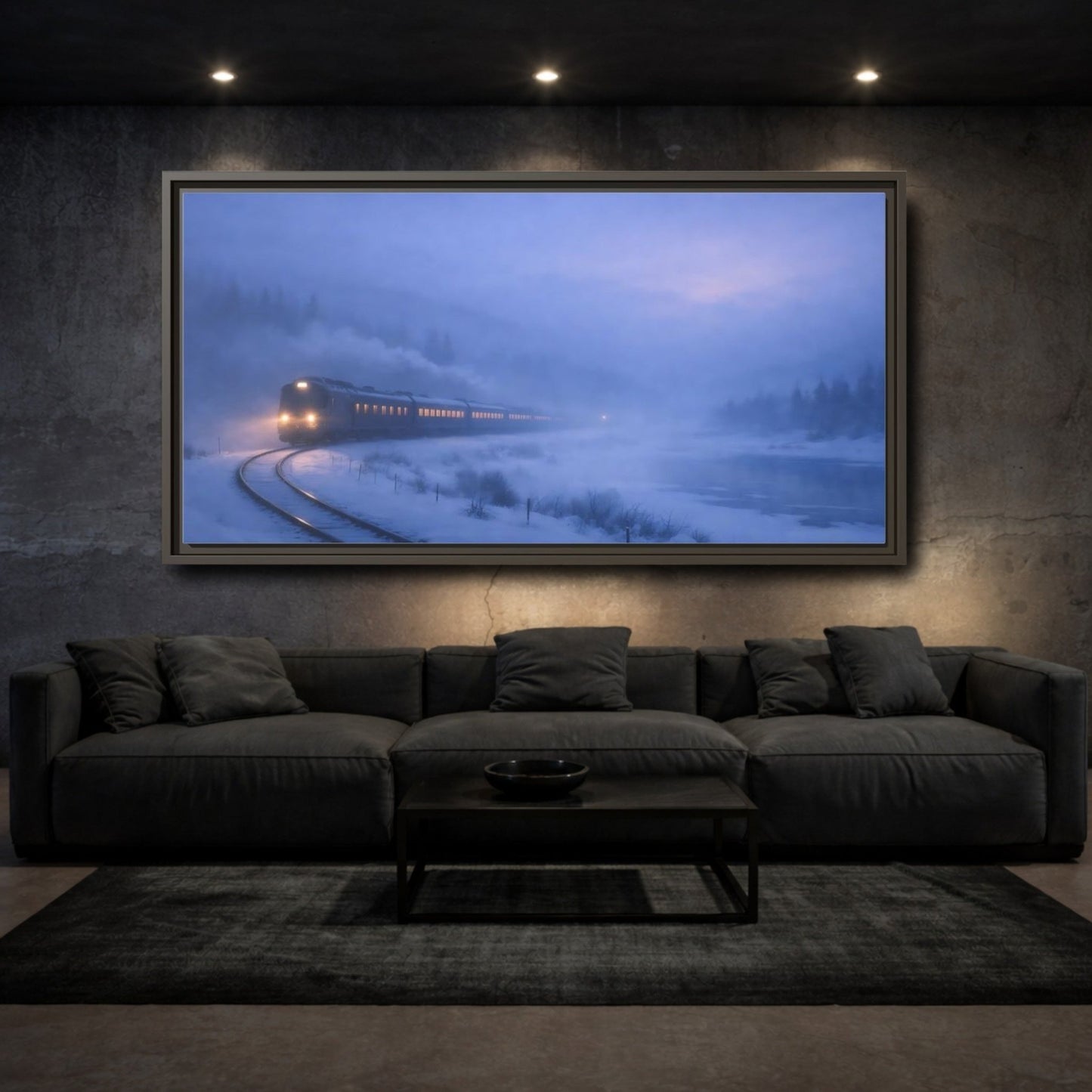 Landscape Nature Winter Train Blue - Framed Canvas Wall Art Print - YesArtYes