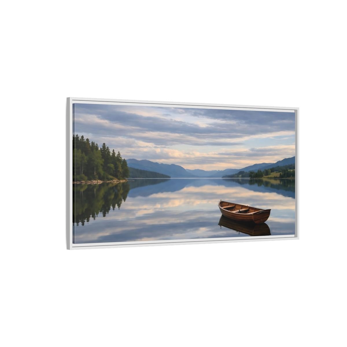 Landscape Nature Wooden Boat Blue Lake - Framed Canvas Wall Art Print - YesArtYes