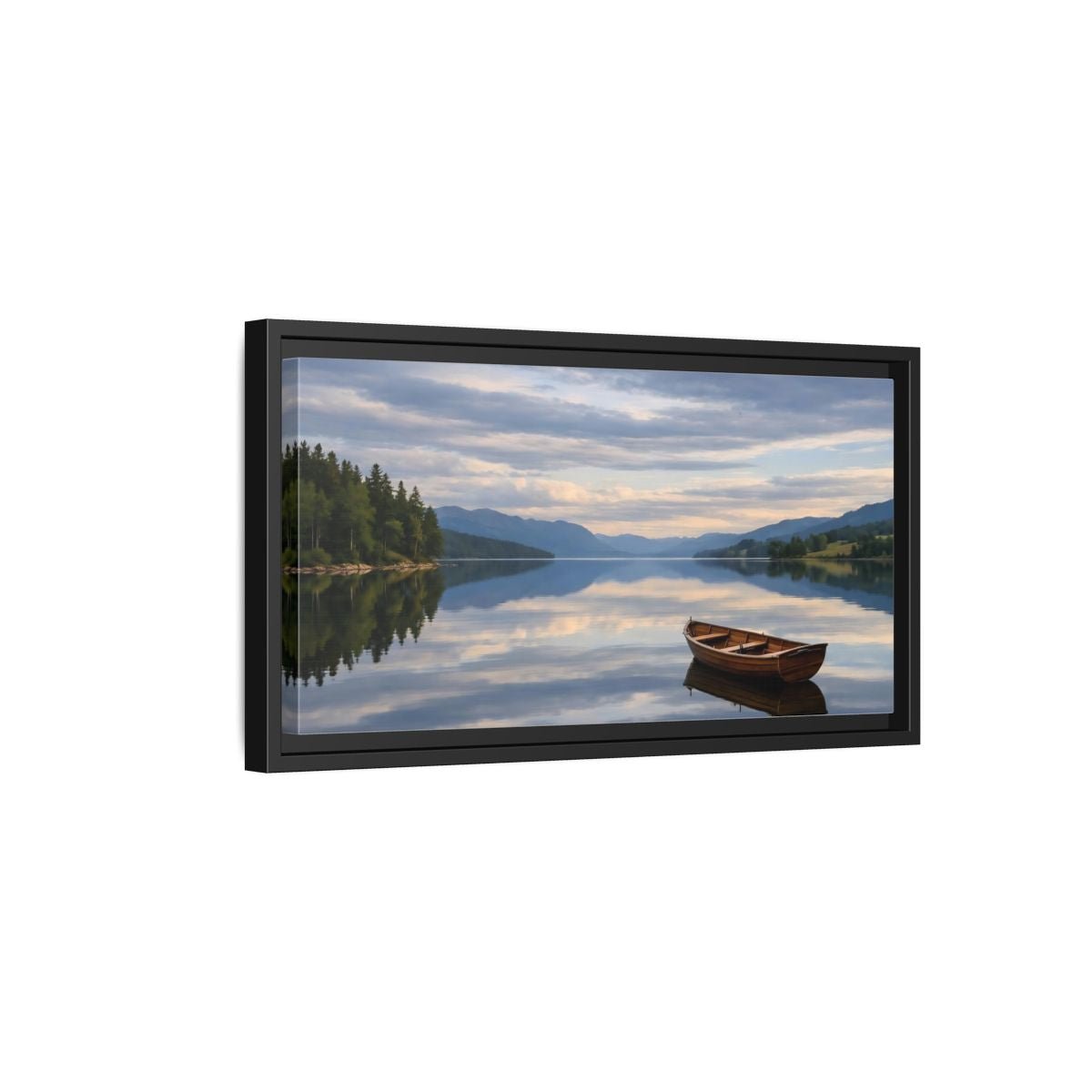 Landscape Nature Wooden Boat Blue Lake - Framed Canvas Wall Art Print - YesArtYes