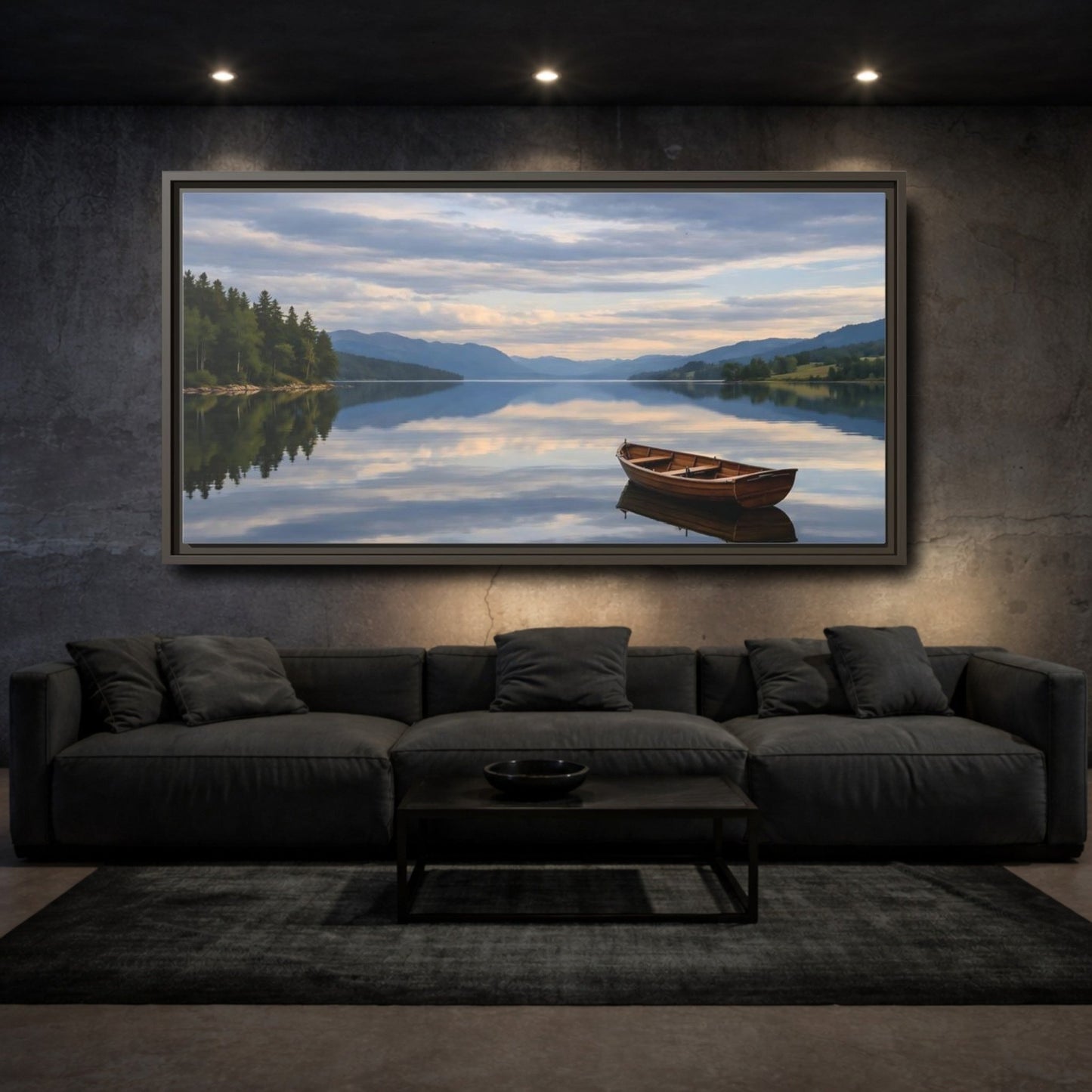 Landscape Nature Wooden Boat Blue Lake - Framed Canvas Wall Art Print - YesArtYes