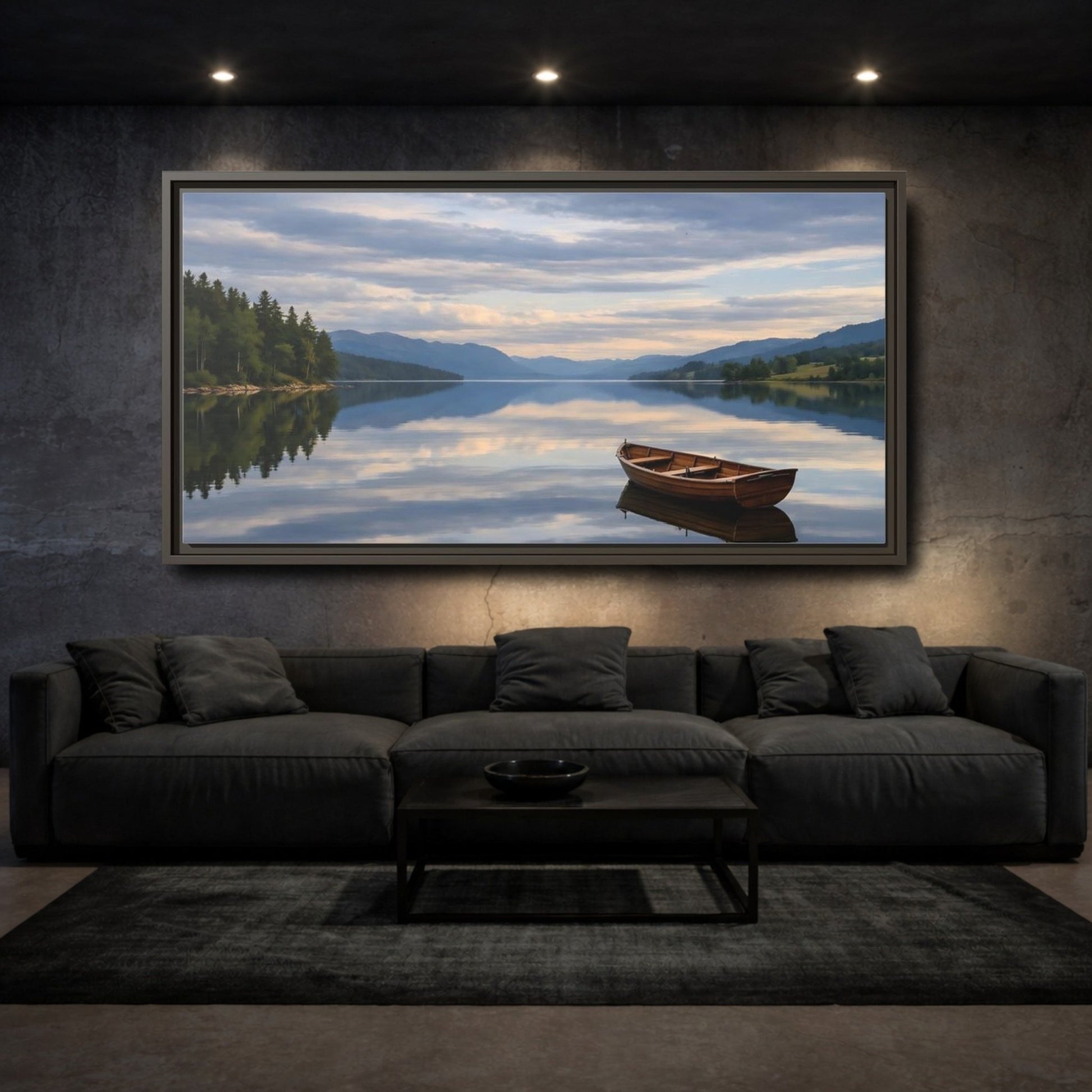 Landscape Nature Wooden Boat Blue Lake - Framed Canvas Wall Art Print - YesArtYes